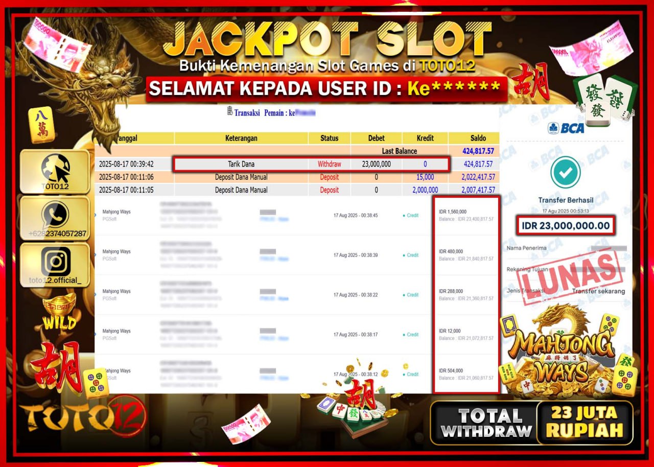HANYA DI TOTO12 JP PASTI DI BAYAR LUNAS DAN CEPAT!!!!!! JACKPOT SLOT GAME (MAHJONG WAYS) Rp.23.000.000 !!!!