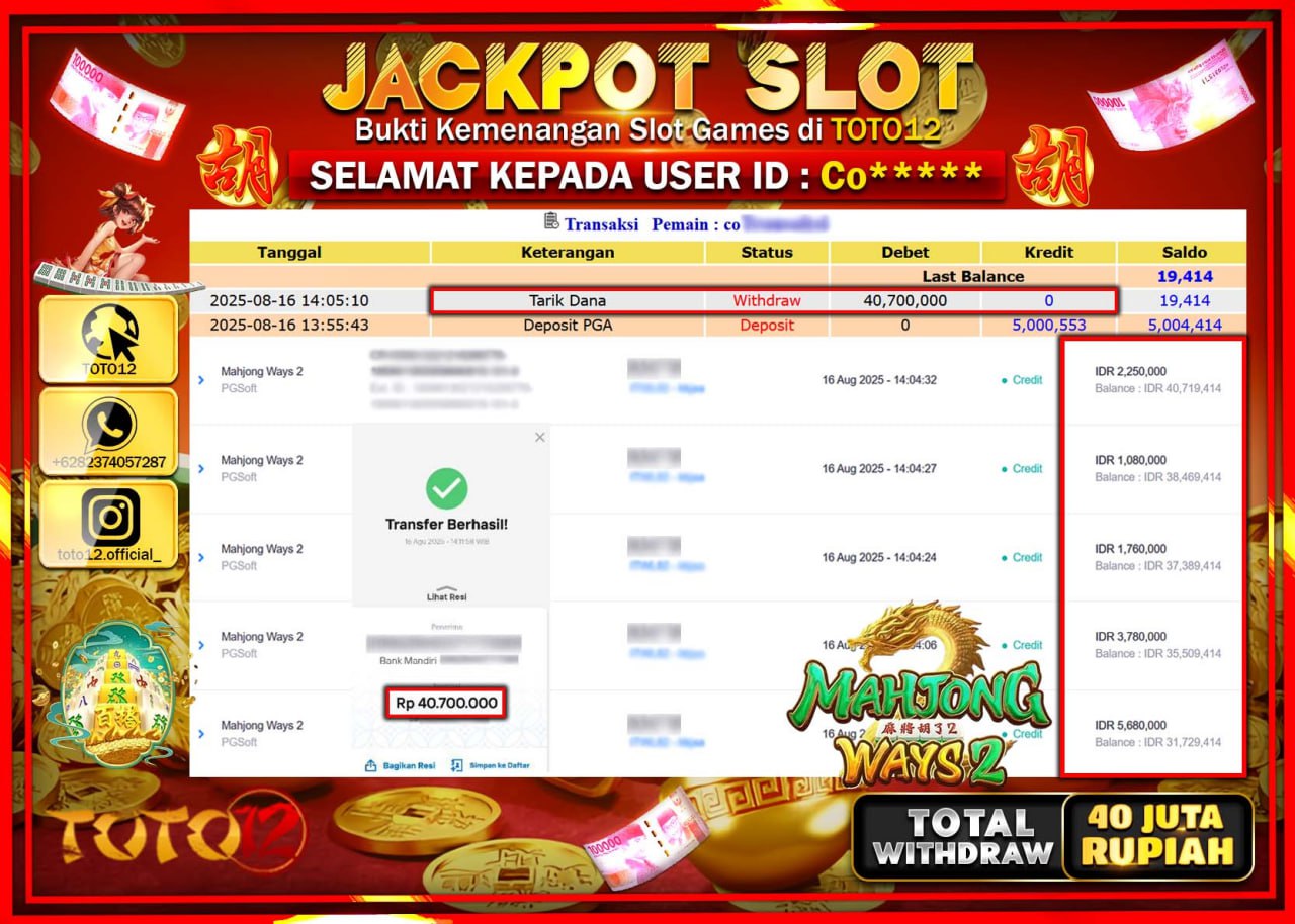 HANYA DI TOTO12 JP PASTI DI BAYAR LUNAS DAN CEPAT!!!!!! JACKPOT SLOT GAME (MAHJONG WAYS 2) Rp.40.700.000 !!!!