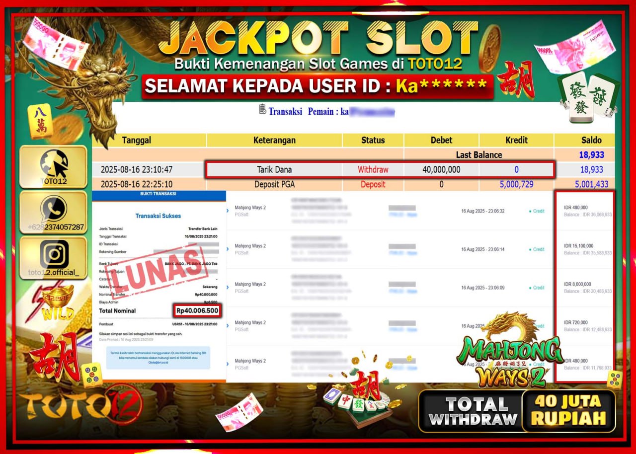 HANYA DI TOTO12 JP PASTI DI BAYAR LUNAS DAN CEPAT!!!!!! JACKPOT SLOT GAME (MAHJONG WAYS 2) Rp.40.000.000 !!!!