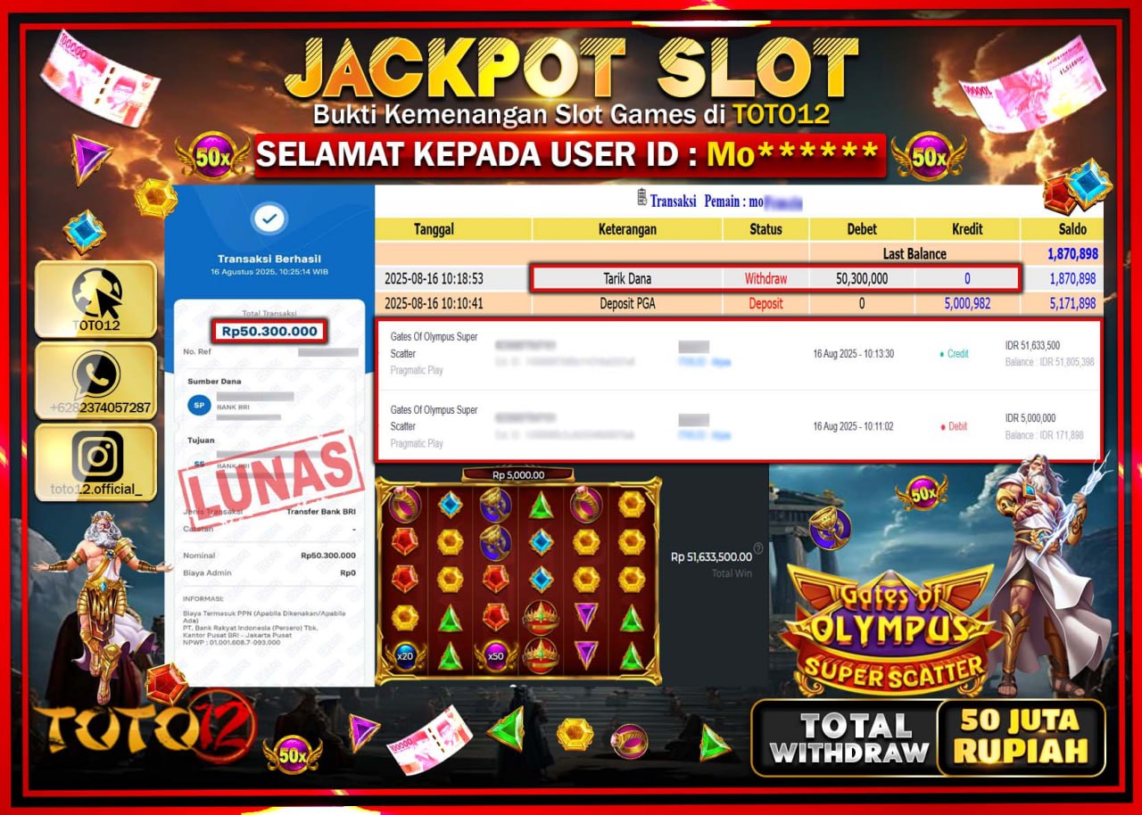 HANYA DI TOTO12 JP PASTI DI BAYAR LUNAS DAN CEPAT!!!!!! JACKPOT SLOT GAME (GATES OF OLYMPUS SUPER SCATTER) Rp.50.300.000 !!!!