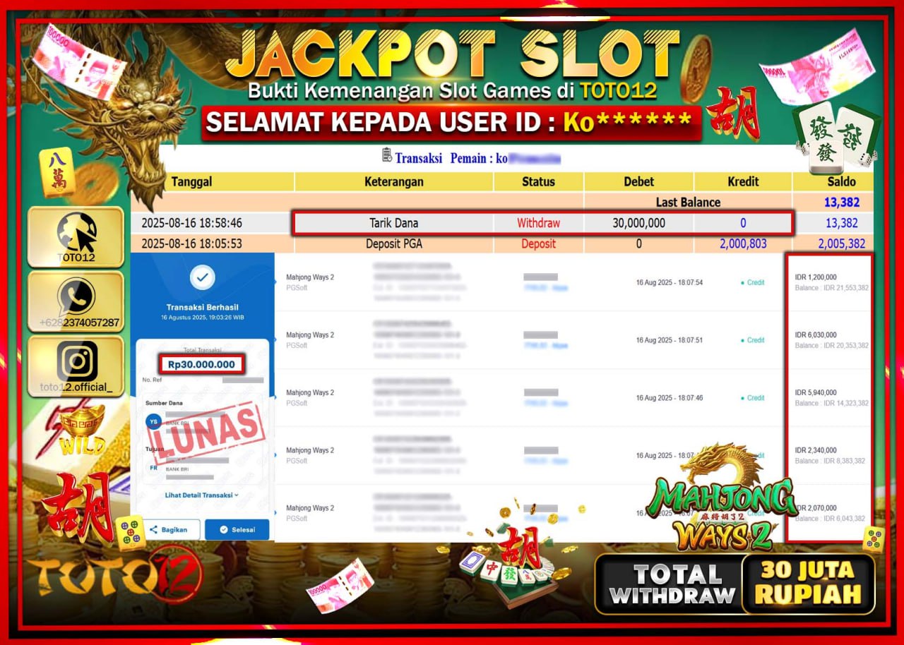 HANYA DI TOTO12 JP PASTI DI BAYAR LUNAS DAN CEPAT!!!!!! JACKPOT SLOT GAME (MAHJONG WAYS 2) Rp.30.000.000 !!!!