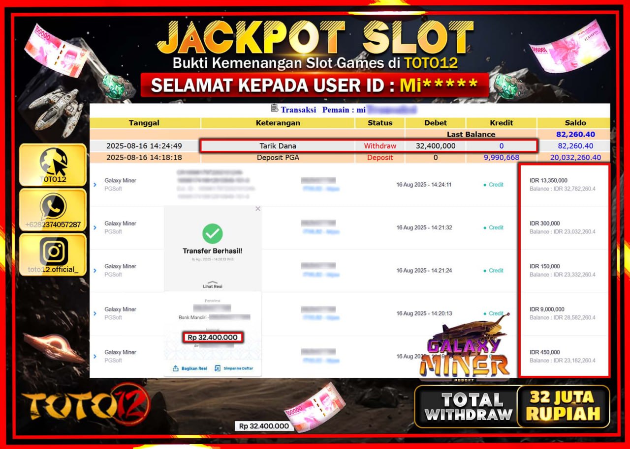 HANYA DI TOTO12 JP PASTI DI BAYAR LUNAS DAN CEPAT!!!!!! JACKPOT SLOT GAME (GALAXY MINER) Rp.32.400.000 !!!!