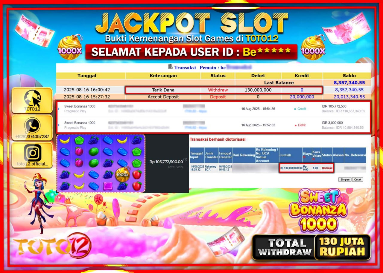 HANYA DI TOTO12 JP PASTI DI BAYAR LUNAS DAN CEPAT!!!!!! JACKPOT SLOT GAME (SWEET BONANZA 1000) Rp.130.000.000 !!!!