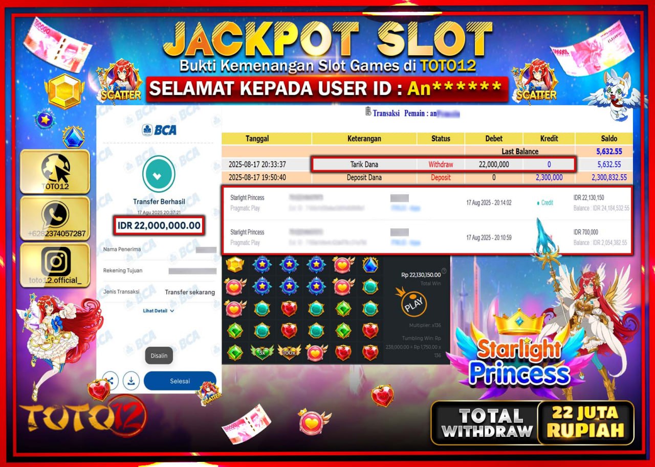 HANYA DI TOTO12 JP PASTI DI BAYAR LUNAS DAN CEPAT!!!!!! JACKPOT SLOT GAME (STARLIGHT PRINCESS) Rp.22.000.000 !!!!