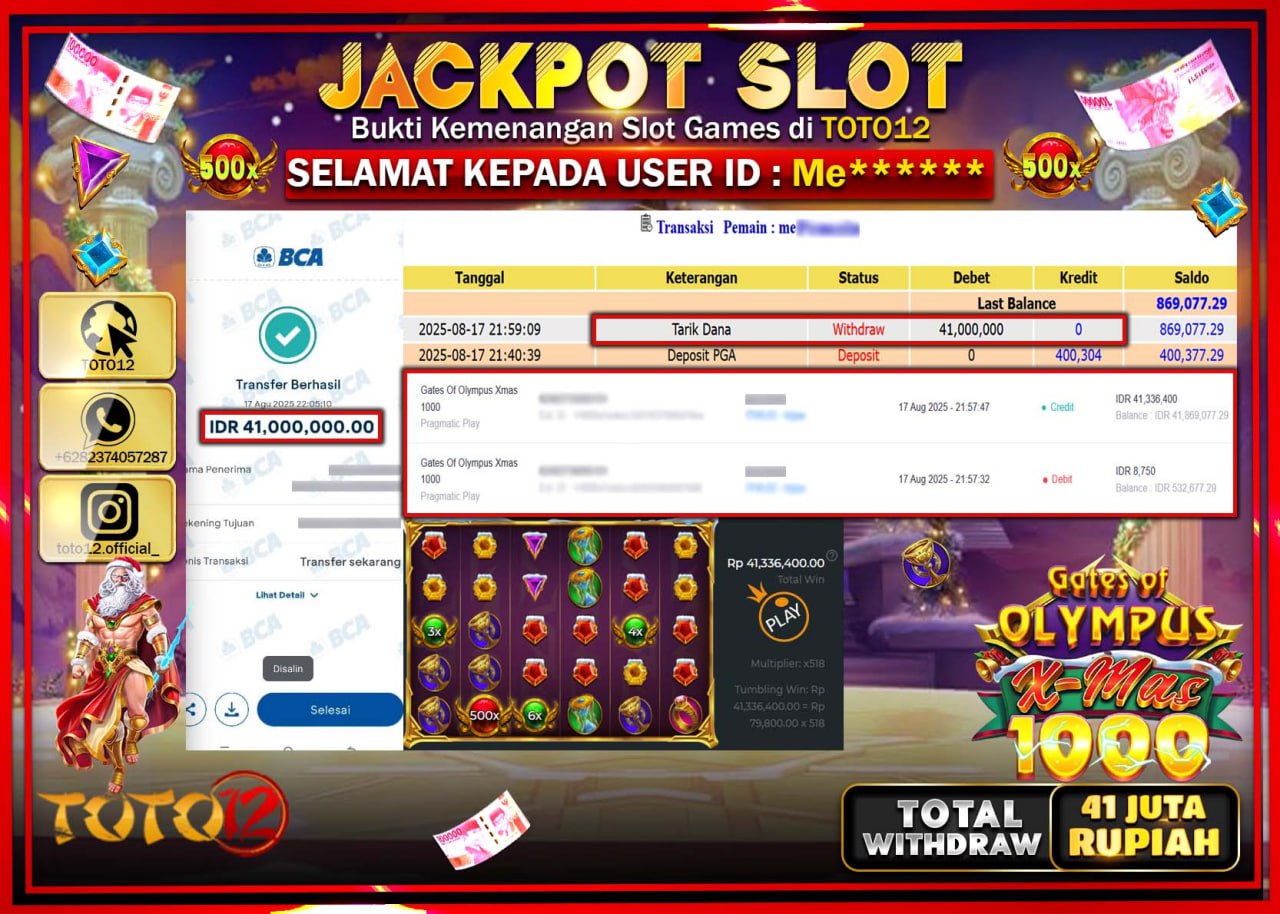 HANYA DI TOTO12 JP PASTI DI BAYAR LUNAS DAN CEPAT!!!!!! JACKPOT SLOT GAME (GATES OF OLYMPUS XMAS 1000) Rp.41.000.000 !!!!