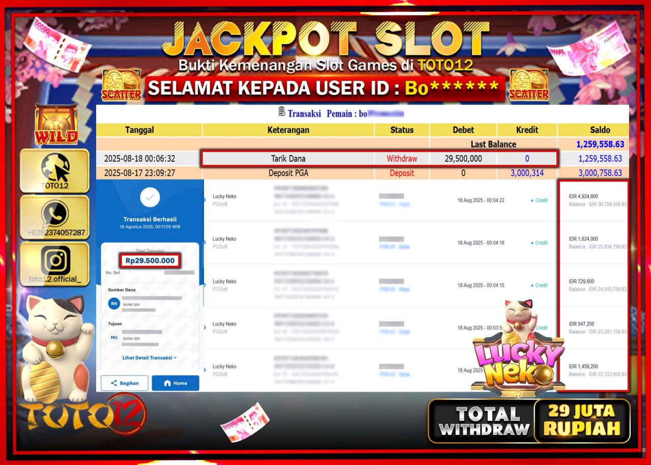 HANYA DI TOTO12 JP PASTI DI BAYAR LUNAS DAN CEPAT!!!!!! JACKPOT SLOT GAME (LUCKY NEKO) Rp.29.500.000 !!!!