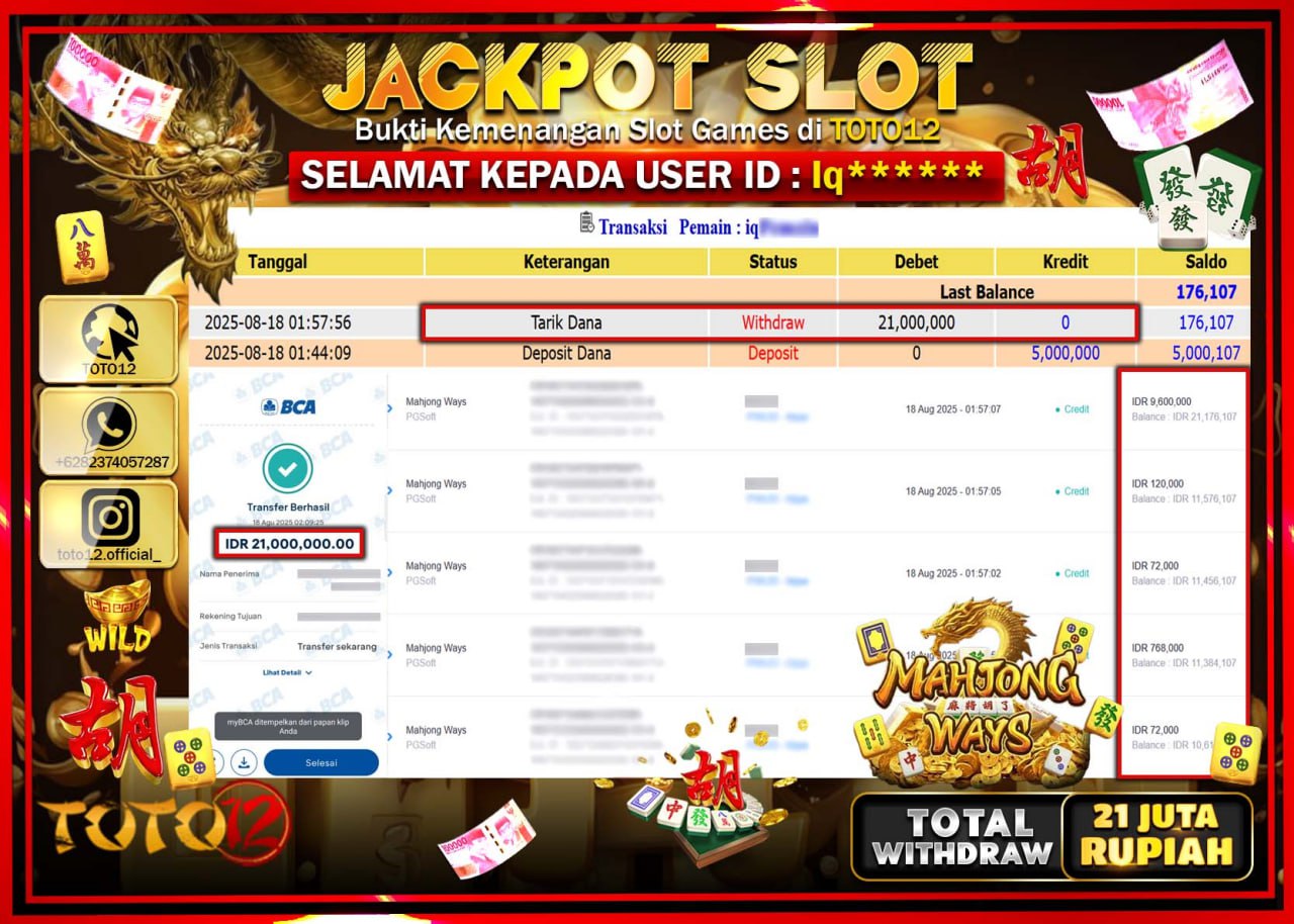 HANYA DI TOTO12 JP PASTI DI BAYAR LUNAS DAN CEPAT!!!!!! JACKPOT SLOT GAME (MAHJONG WAYS) Rp.21.000.000 !!!!