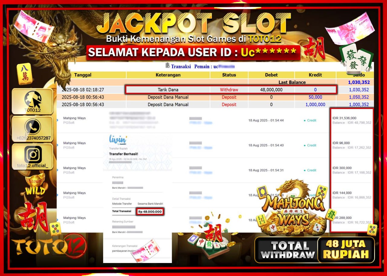 HANYA DI TOTO12 JP PASTI DI BAYAR LUNAS DAN CEPAT!!!!!! JACKPOT SLOT GAME (MAHJONG WAYS) Rp.48.000.000 !!!!