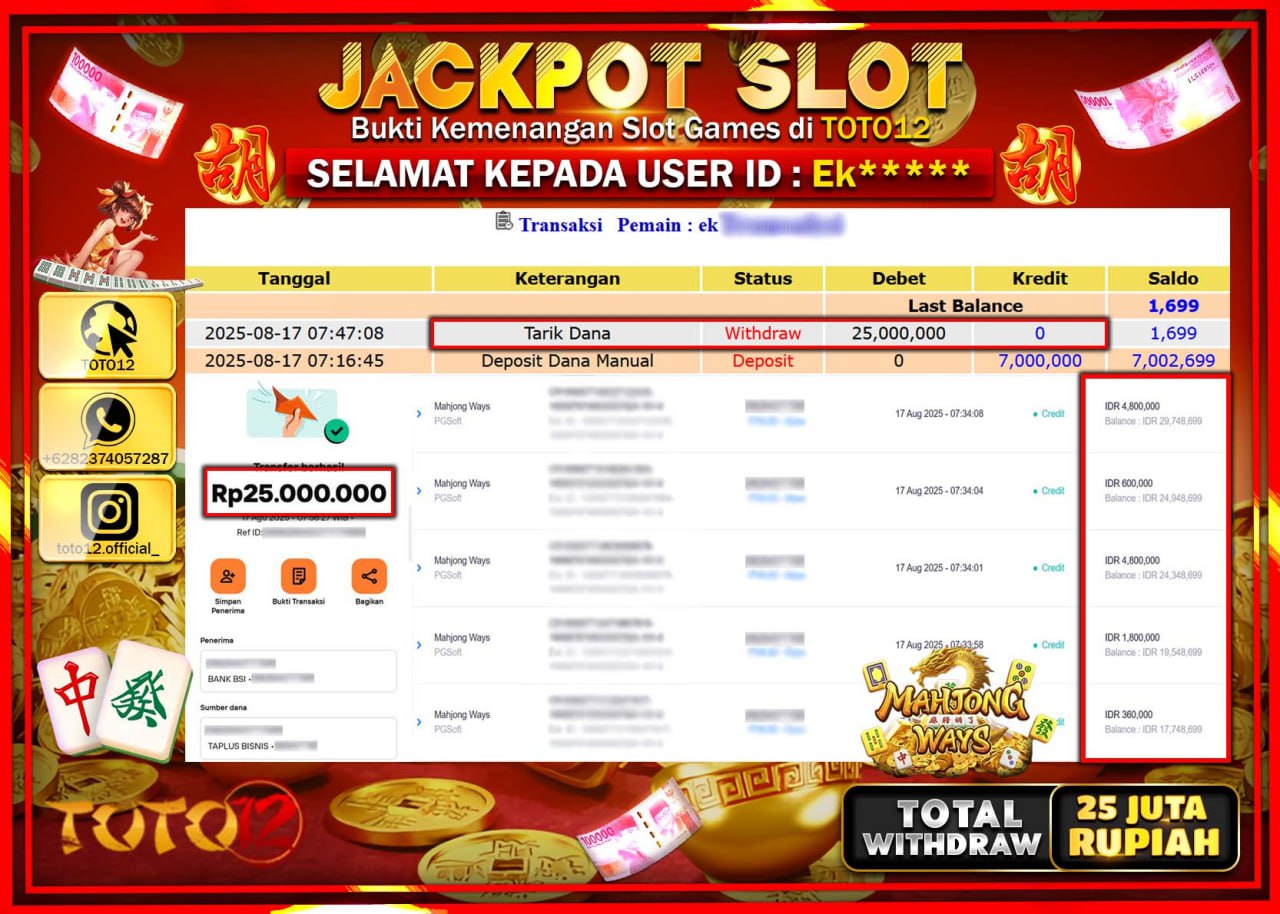 HANYA DI TOTO12 JP PASTI DI BAYAR LUNAS DAN CEPAT!!!!!! JACKPOT SLOT GAME (MAHJONG WAYS) Rp.25.000.000 !!!!