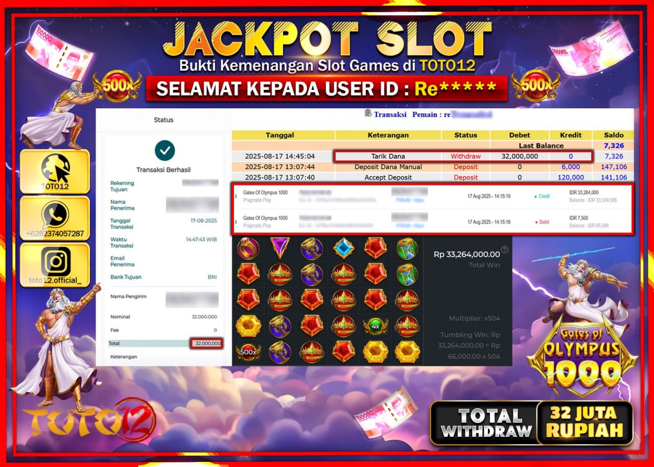 HANYA DI TOTO12 JP PASTI DI BAYAR LUNAS DAN CEPAT!!!!!! JACKPOT SLOT GAME (GATES OF OLYMPUS 1000) Rp.32.000.000 !!!!