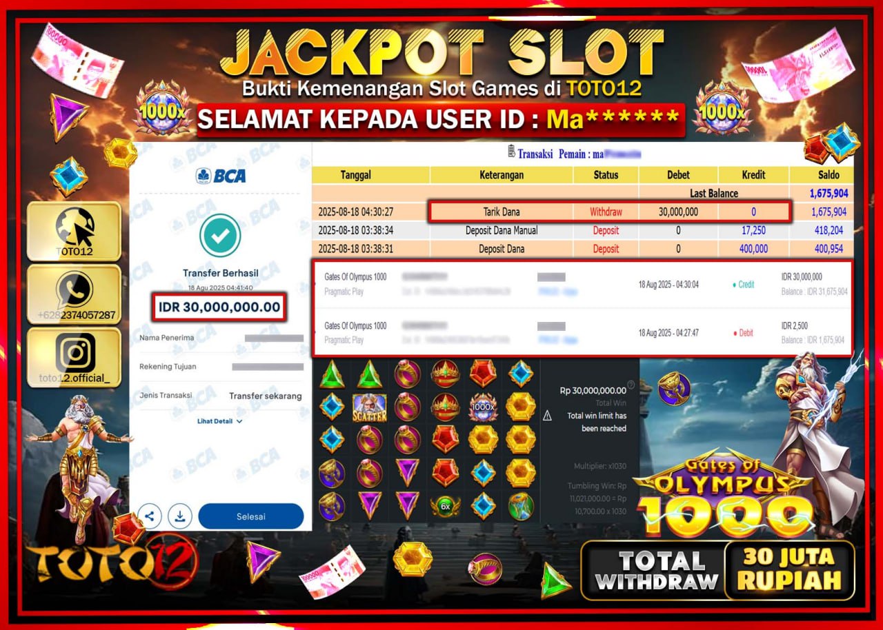 HANYA DI TOTO12 JP PASTI DI BAYAR LUNAS DAN CEPAT!!!!!! JACKPOT SLOT GAME (GATES OF OLYMPUS 1000) Rp.30.000.000 !!!!