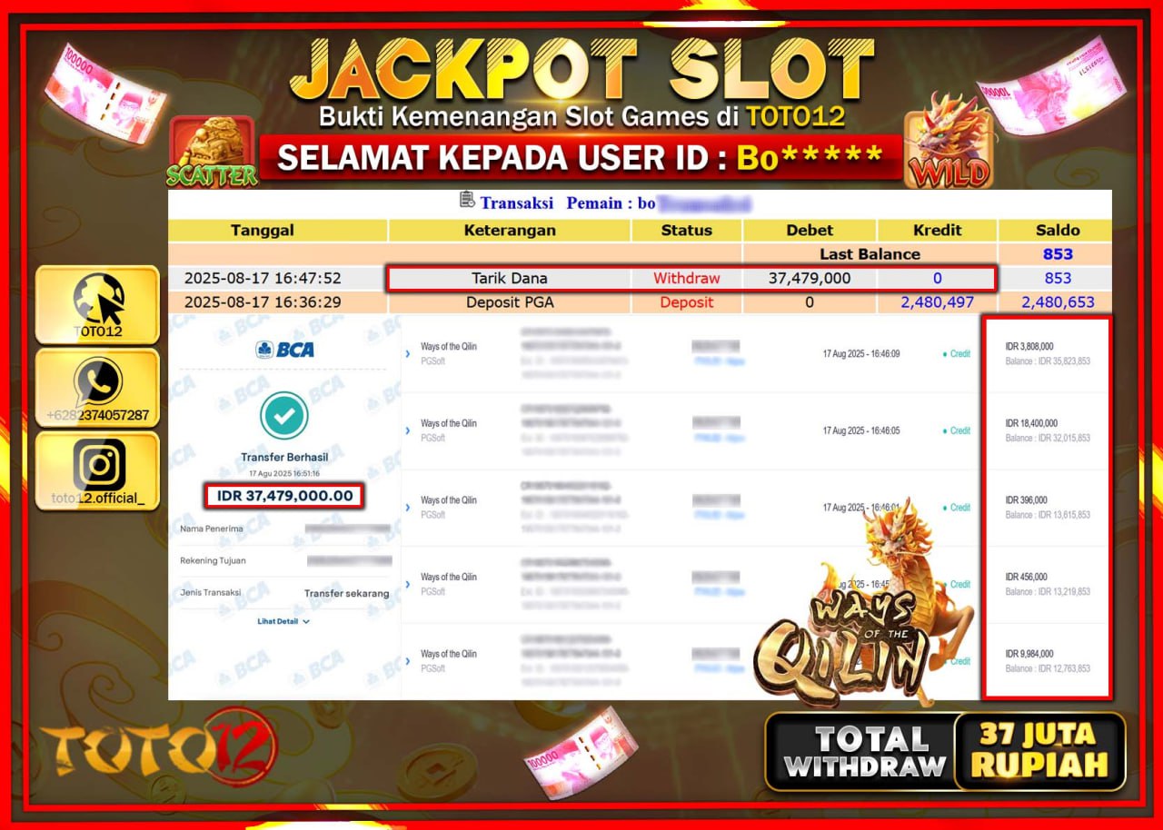 HANYA DI TOTO12 JP PASTI DI BAYAR LUNAS DAN CEPAT!!!!!! JACKPOT SLOT GAME (WAYS OF THE QILIN) Rp.37.479.000 !!!!