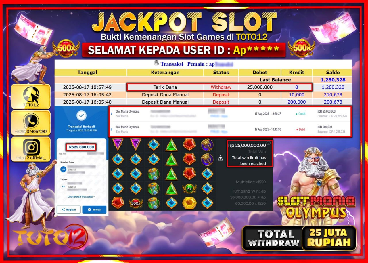 HANYA DI TOTO12 JP PASTI DI BAYAR LUNAS DAN CEPAT!!!!!! JACKPOT SLOT GAME (SLOT MANIA OLYMPUS) Rp.25.000.000 !!!!