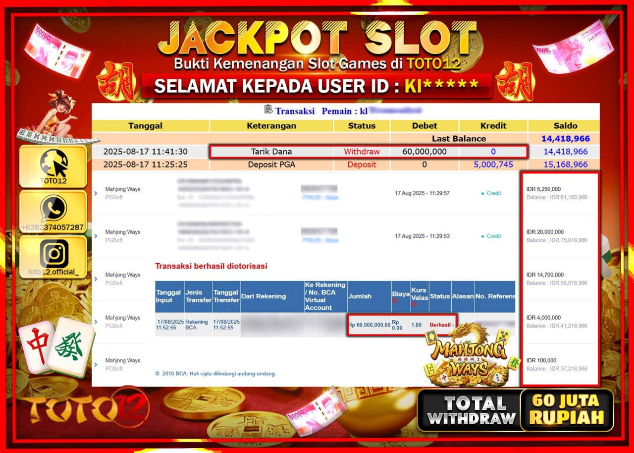 HANYA DI TOTO12 JP PASTI DI BAYAR LUNAS DAN CEPAT!!!!!! JACKPOT SLOT GAME (MAHJONG WAYS) Rp.60.000.000 !!!!
