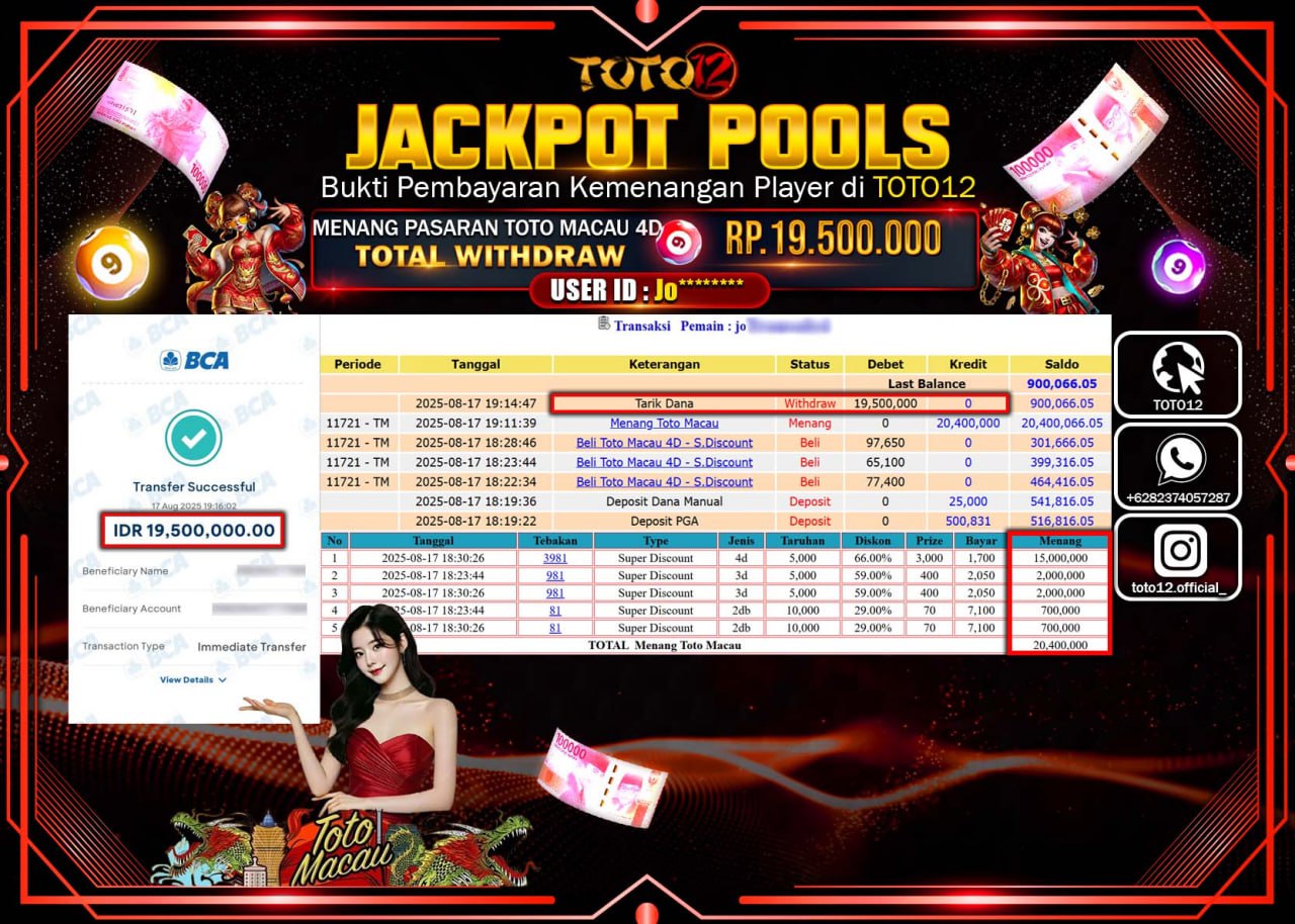 HANYA DI TOTO12 JP PASTI DI BAYAR LUNAS DAN CEPAT!!!!!! JACKPOT POOLS PASARAN (TOTO MACAU 4D) Rp.19.500.000 !!!!