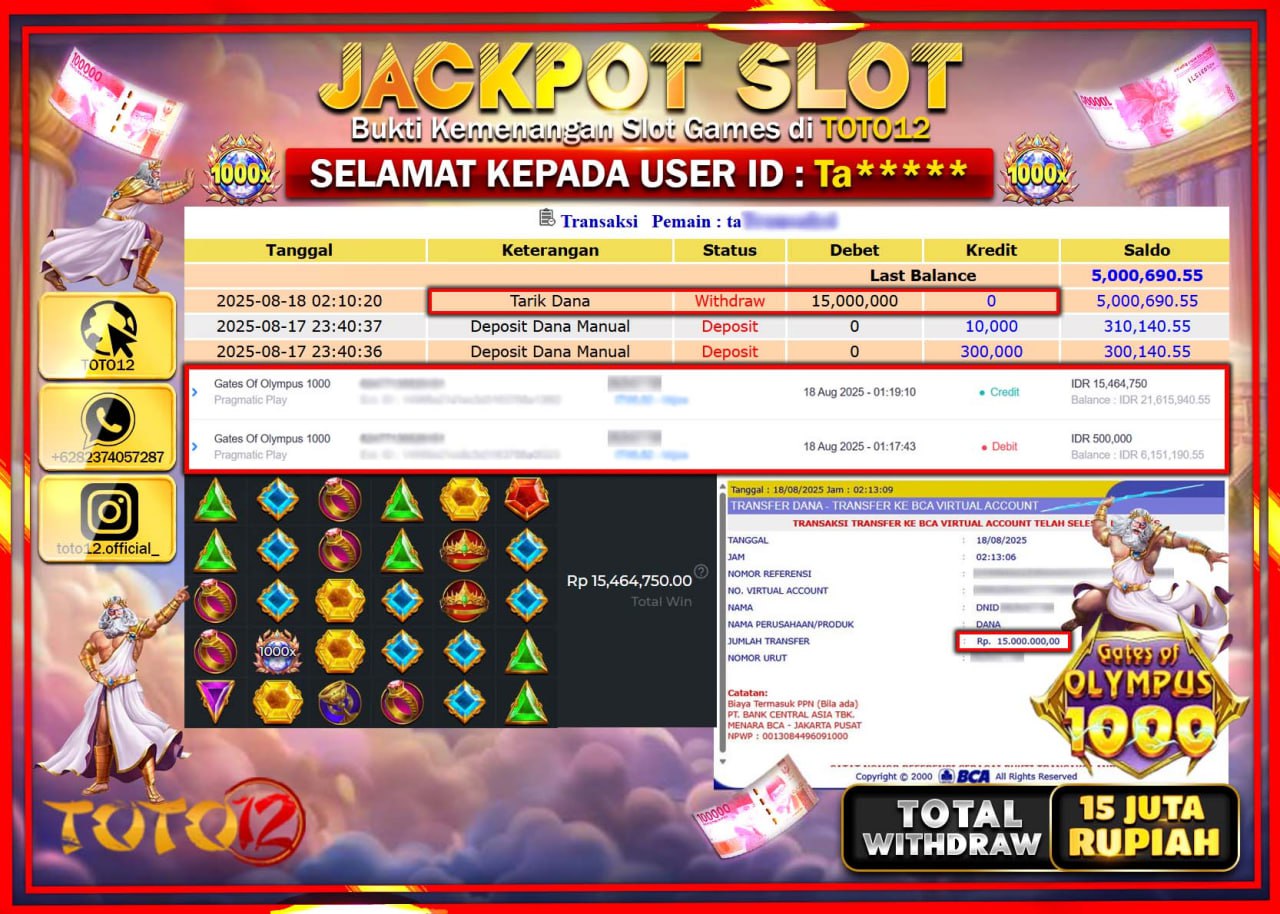 HANYA DI TOTO12 JP PASTI DI BAYAR LUNAS DAN CEPAT!!!!!! JACKPOT SLOT GAME (GATES OF OLYMPUS 1000) Rp.15.000.000 !!!!