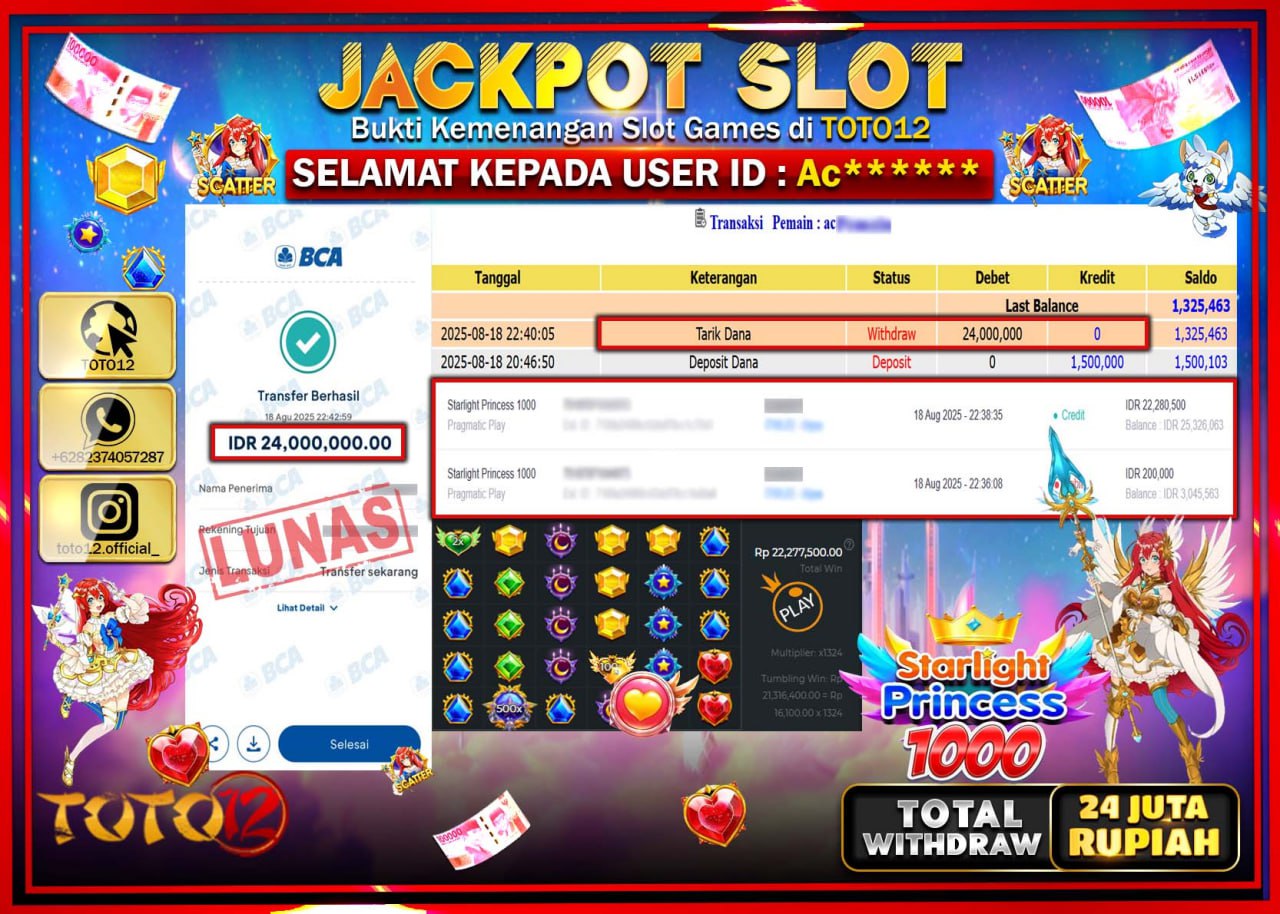 HANYA DI TOTO12 JP PASTI DI BAYAR LUNAS DAN CEPAT!!!!!! JACKPOT SLOT GAME (STARLIGHT PRINCESS 1000) Rp.24.000.000 !!!!