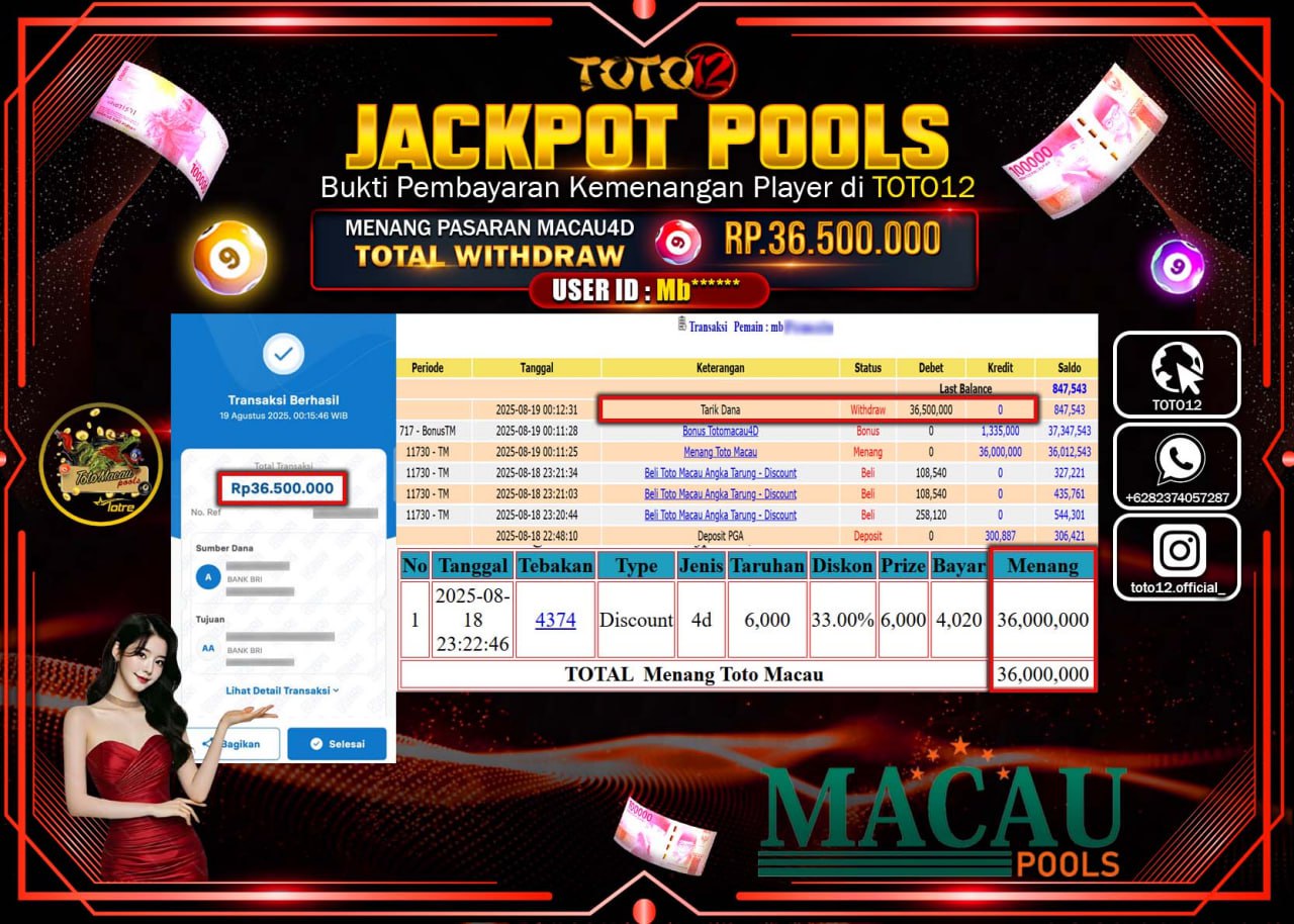 HANYA DI TOTO12 JP PASTI DI BAYAR LUNAS DAN CEPAT!!!!!! JACKPOT POOLS PASARAN (MACAU 4D) Rp.36.500.000 !!!!
