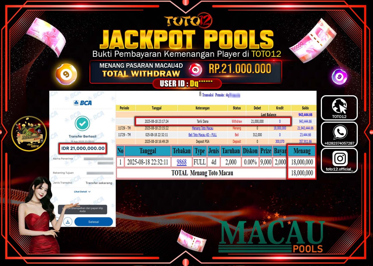 HANYA DI TOTO12 JP PASTI DI BAYAR LUNAS DAN CEPAT!!!!!! JACKPOT POOLS PASARAN (MACAU 4D) Rp.21.000.000 !!!!
