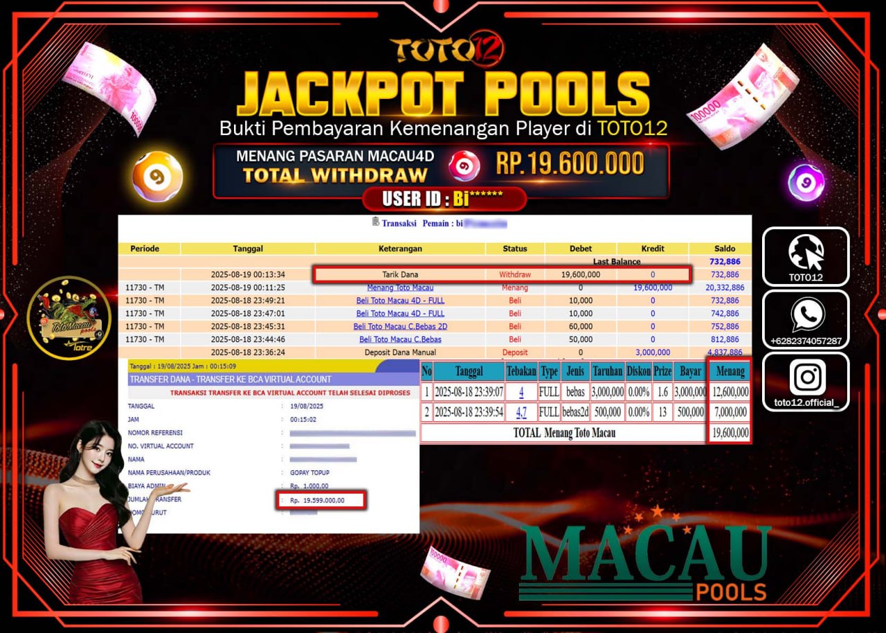 HANYA DI TOTO12 JP PASTI DI BAYAR LUNAS DAN CEPAT!!!!!! JACKPOT POOLS PASARAN (MACAU 4D) Rp.19.600.000 !!!!