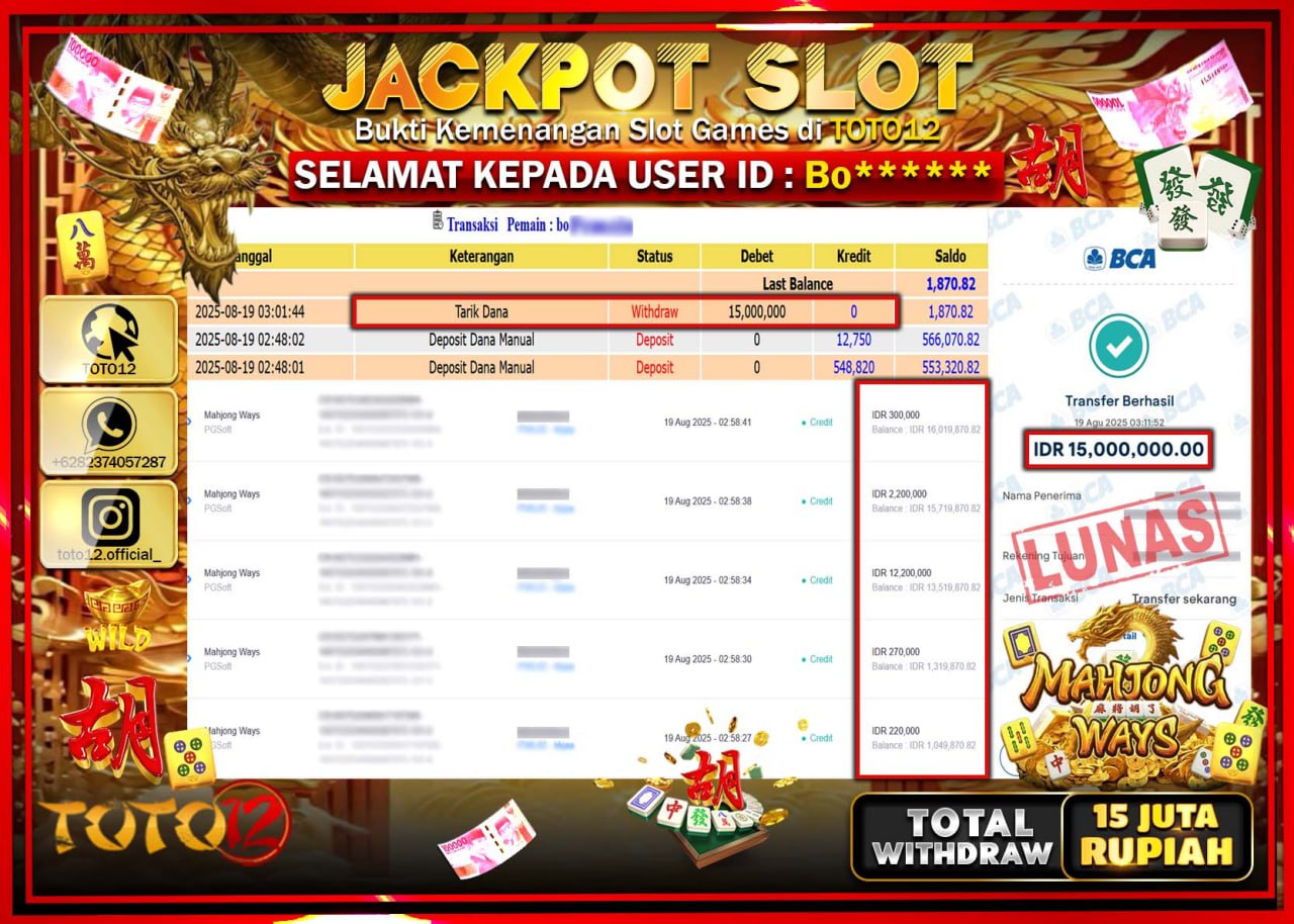 HANYA DI TOTO12 JP PASTI DI BAYAR LUNAS DAN CEPAT!!!!!! JACKPOT SLOT GAME (MAHJONG WAYS) Rp.15.000.000 !!!!