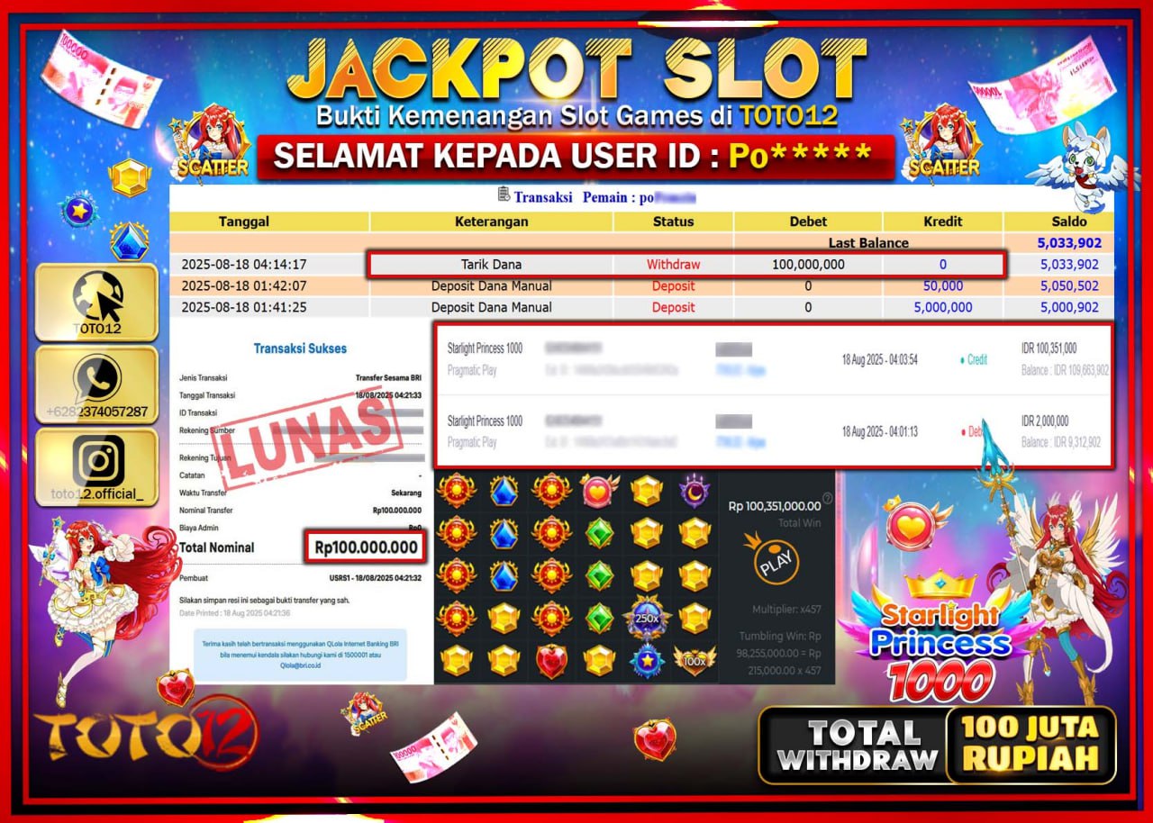 HANYA DI TOTO12 JP PASTI DI BAYAR LUNAS DAN CEPAT!!!!!! JACKPOT SLOT GAME (STARLIGHT PRINCESS 1000) Rp.100.000.000 !!!!