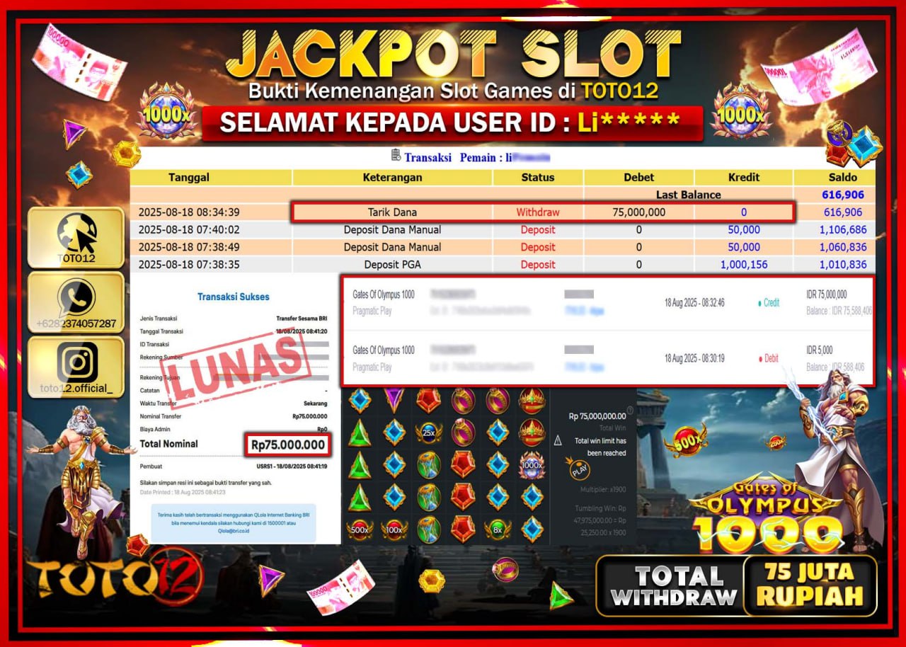 HANYA DI TOTO12 JP PASTI DI BAYAR LUNAS DAN CEPAT!!!!!! JACKPOT SLOT GAME (GATES OF OLYMPUS 1000) Rp.75.000.000 !!!!