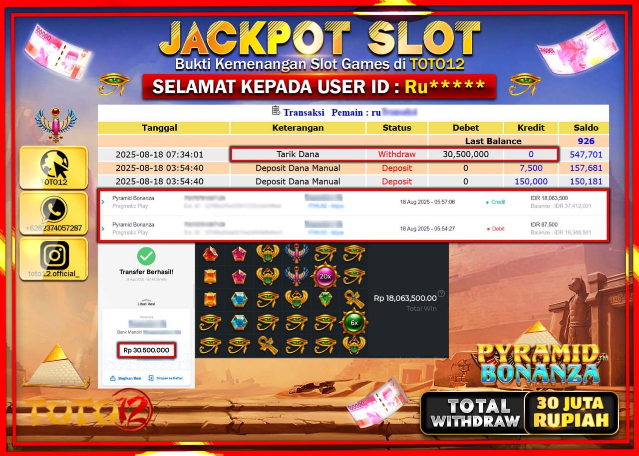 HANYA DI TOTO12 JP PASTI DI BAYAR LUNAS DAN CEPAT!!!!!! JACKPOT SLOT GAME (PYRAMID BONANZA) Rp.30.500.000 !!!!
