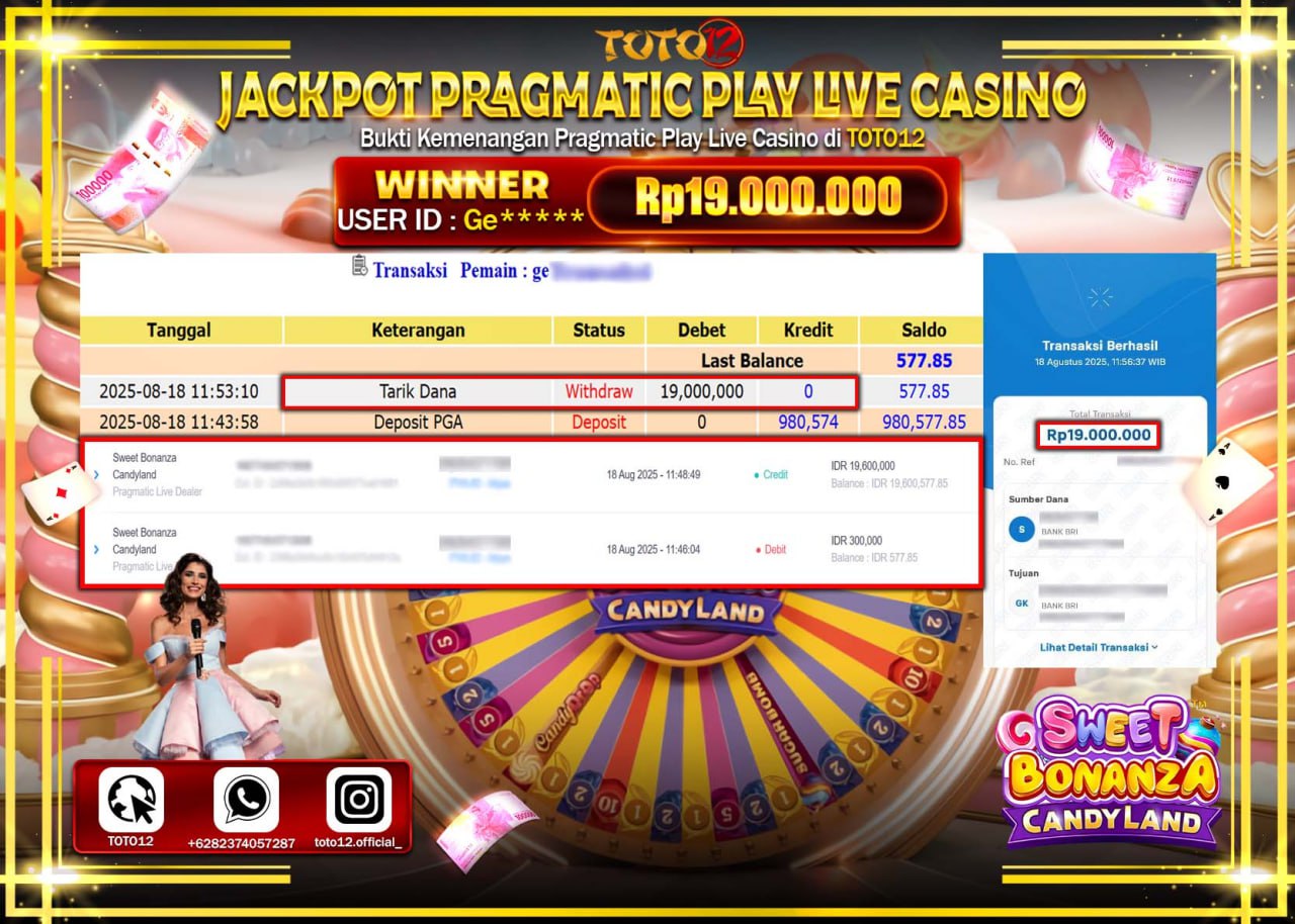 HANYA DI TOTO12 JP PASTI DI BAYAR LUNAS DAN CEPAT!!!!!! JACKPOT PRAGMATIC PLAY LIVE CASINO (SWEET BONANZA CANDYLAND) Rp.19.000.000 !!!!