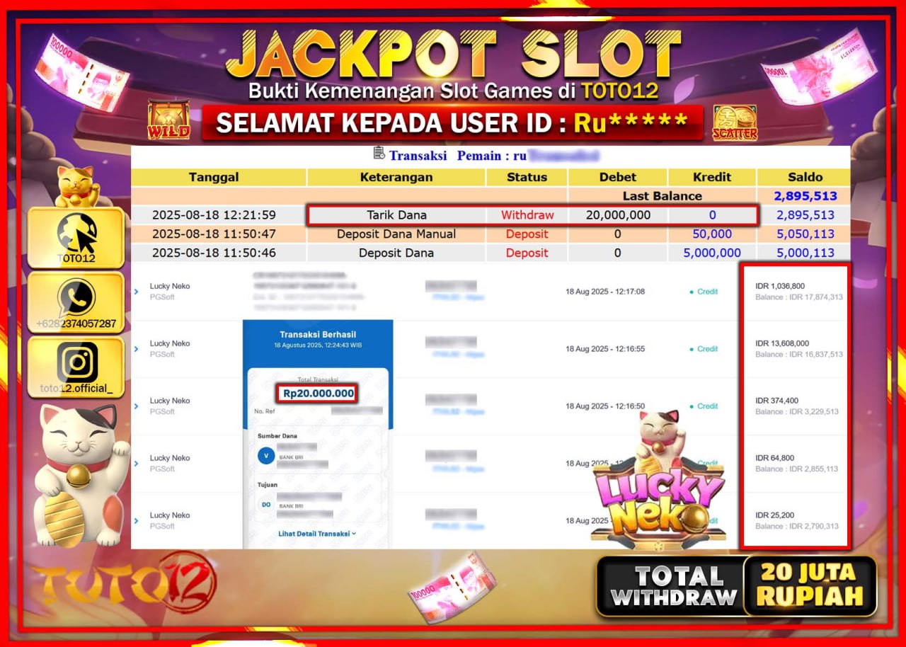 HANYA DI TOTO12 JP PASTI DI BAYAR LUNAS DAN CEPAT!!!!!! JACKPOT SLOT GAME (LUCKY NEKO) Rp.20.000.000 !!!!