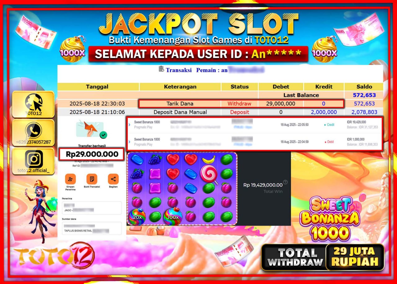 HANYA DI TOTO12 JP PASTI DI BAYAR LUNAS DAN CEPAT!!!!!! JACKPOT SLOT GAME (SWEET BONANZA 1000) Rp.29.000.000 !!!!
