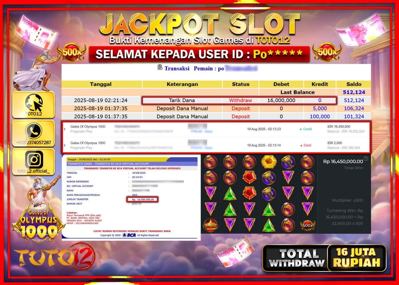 HANYA DI TOTO12 JP PASTI DI BAYAR LUNAS DAN CEPAT!!!!!! JACKPOT SLOT GAME (GATES OF OLYMPUS 1000) Rp.16.000.000 !!!!