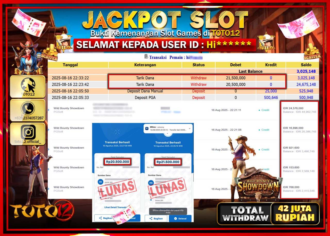 HANYA DI TOTO12 JP PASTI DI BAYAR LUNAS DAN CEPAT!!!!!! JACKPOT SLOT GAME (WILD BOUNTY SHOWDOWN) Rp.42.000.000 !!!!