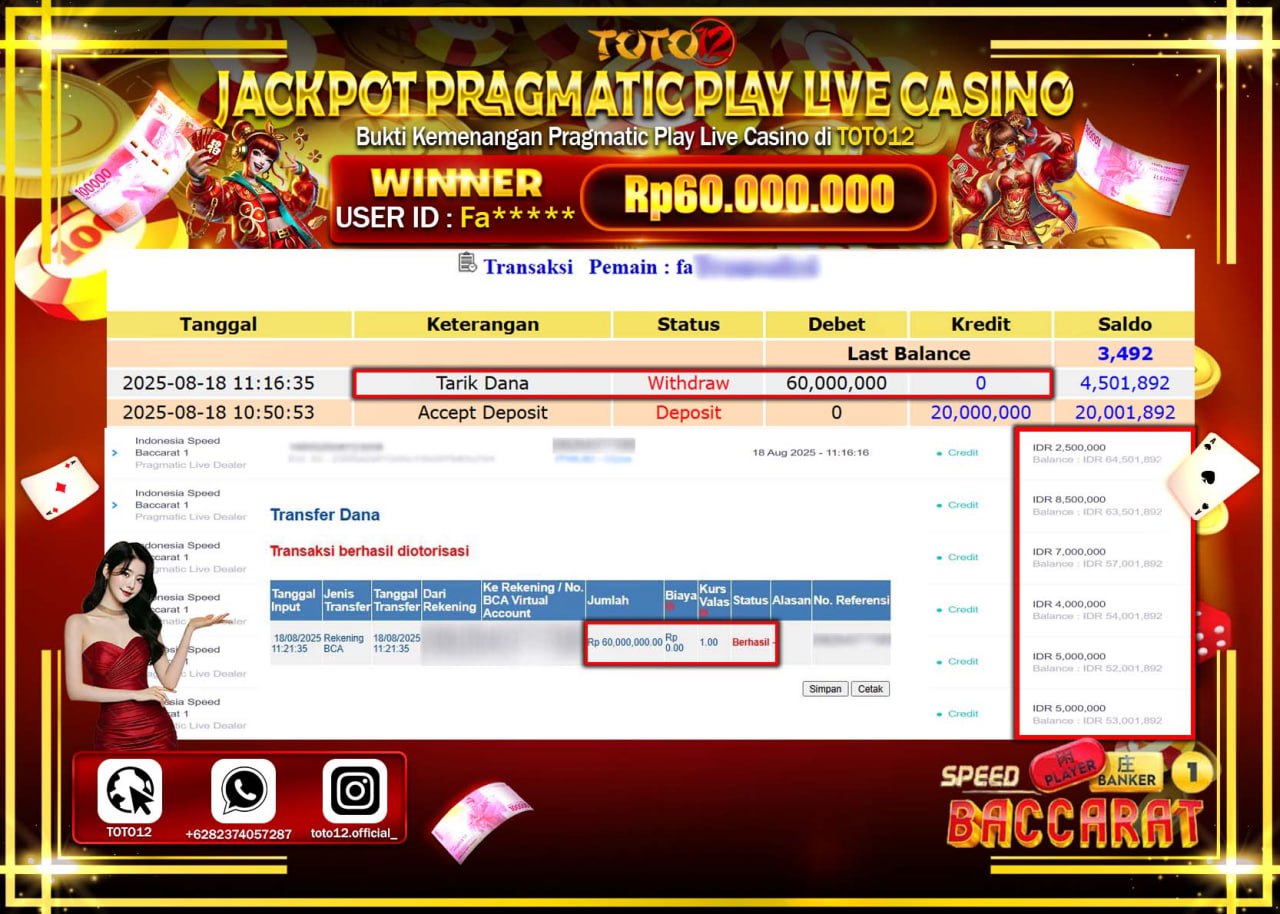 HANYA DI TOTO12 JP PASTI DI BAYAR LUNAS DAN CEPAT!!!!!! JACKPOT PRAGMATIC PLAY LIVE CASINO (INDONESIA SPEED BACCARAT 1) Rp.60.000.000 !!!!