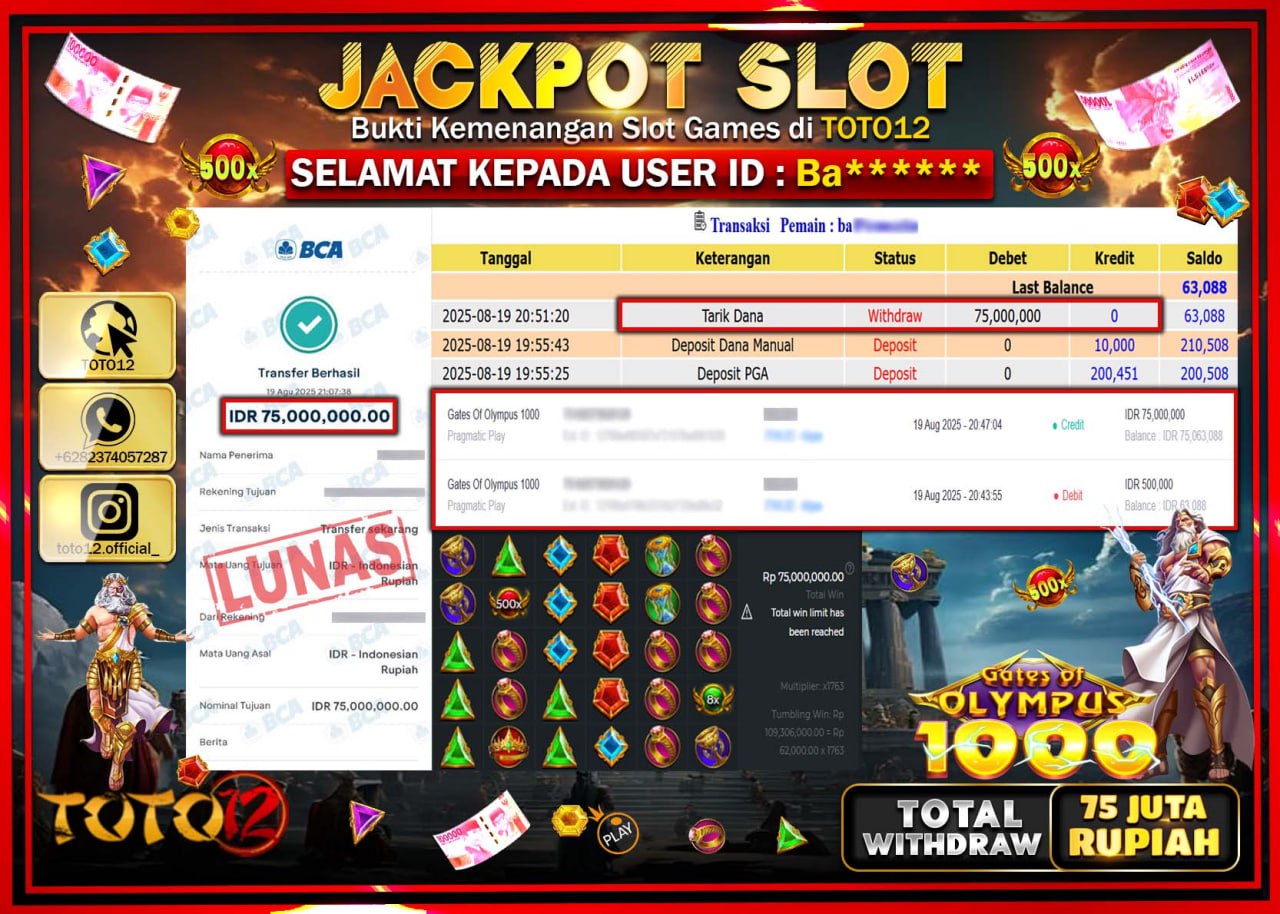 HANYA DI TOTO12 JP PASTI DI BAYAR LUNAS DAN CEPAT!!!!!! JACKPOT SLOT GAME (GATES OF OLYMPUS 1000) Rp.75.000.000 !!!!
