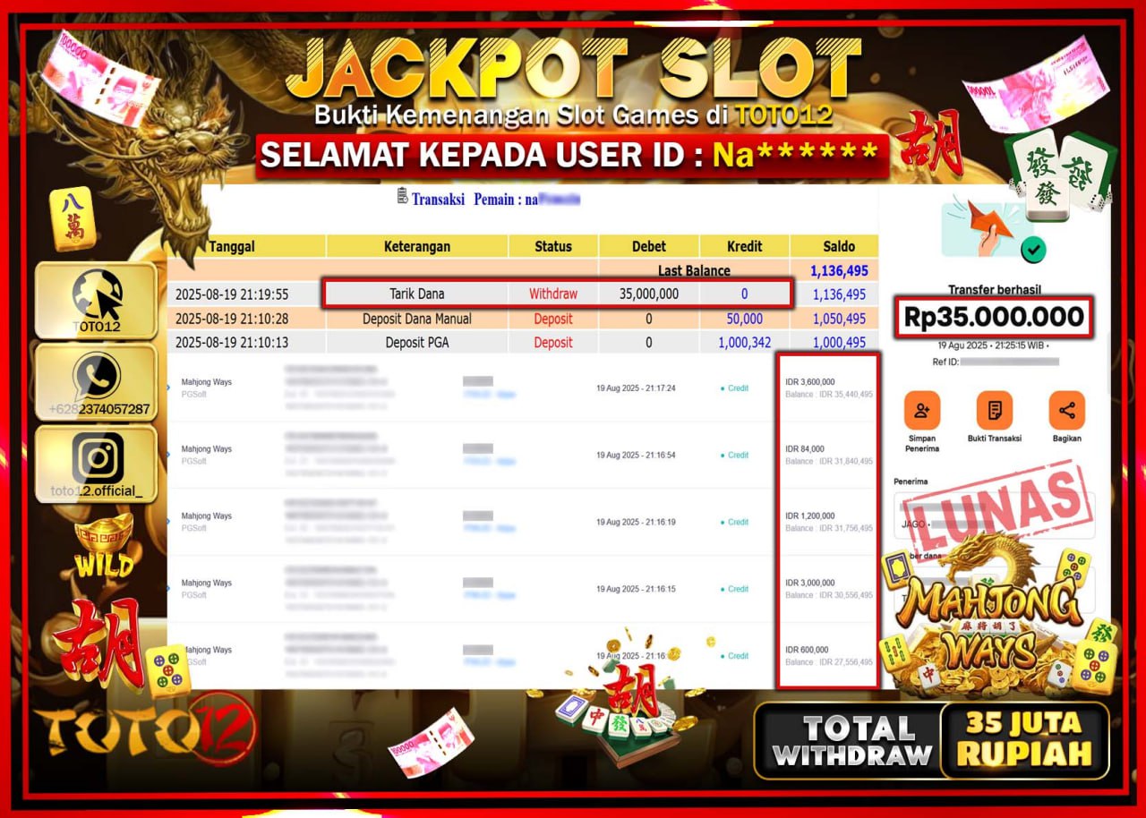 HANYA DI TOTO12 JP PASTI DI BAYAR LUNAS DAN CEPAT!!!!!! JACKPOT SLOT GAME (MAHJONG WAYS) Rp.35.000.000 !!!!