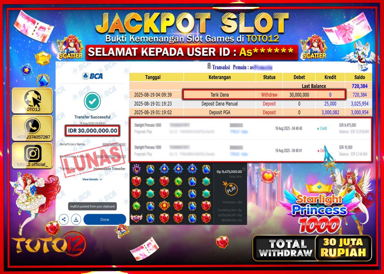 HANYA DI TOTO12 JP PASTI DI BAYAR LUNAS DAN CEPAT!!!!!! JACKPOT SLOT GAME (STARLIGHT PRINCESS 1000) Rp.30.000.000 !!!!