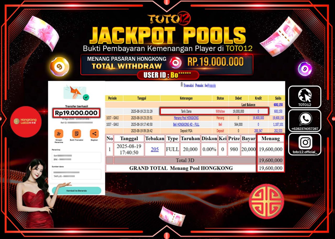 HANYA DI TOTO12 JP PASTI DI BAYAR LUNAS DAN CEPAT!!!!!! JACKPOT POOLS PASARAN (HONGKONG) Rp.19.000.000 !!!!