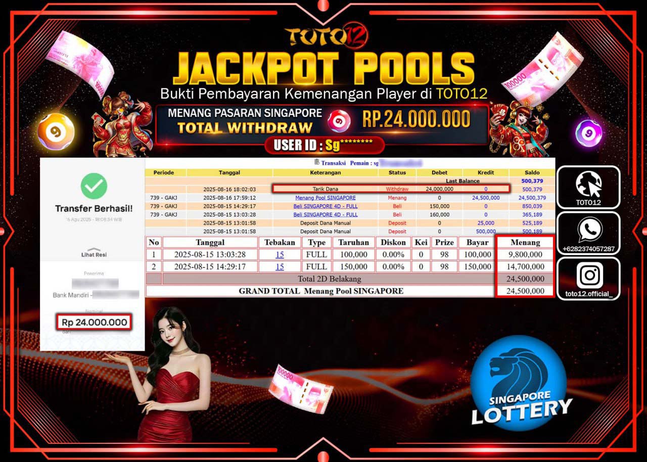 HANYA DI TOTO12 JP PASTI DI BAYAR LUNAS DAN CEPAT!!!!!! JACKPOT POOLS PASARAN (SINGAPORE) Rp.24.000.000 !!!!