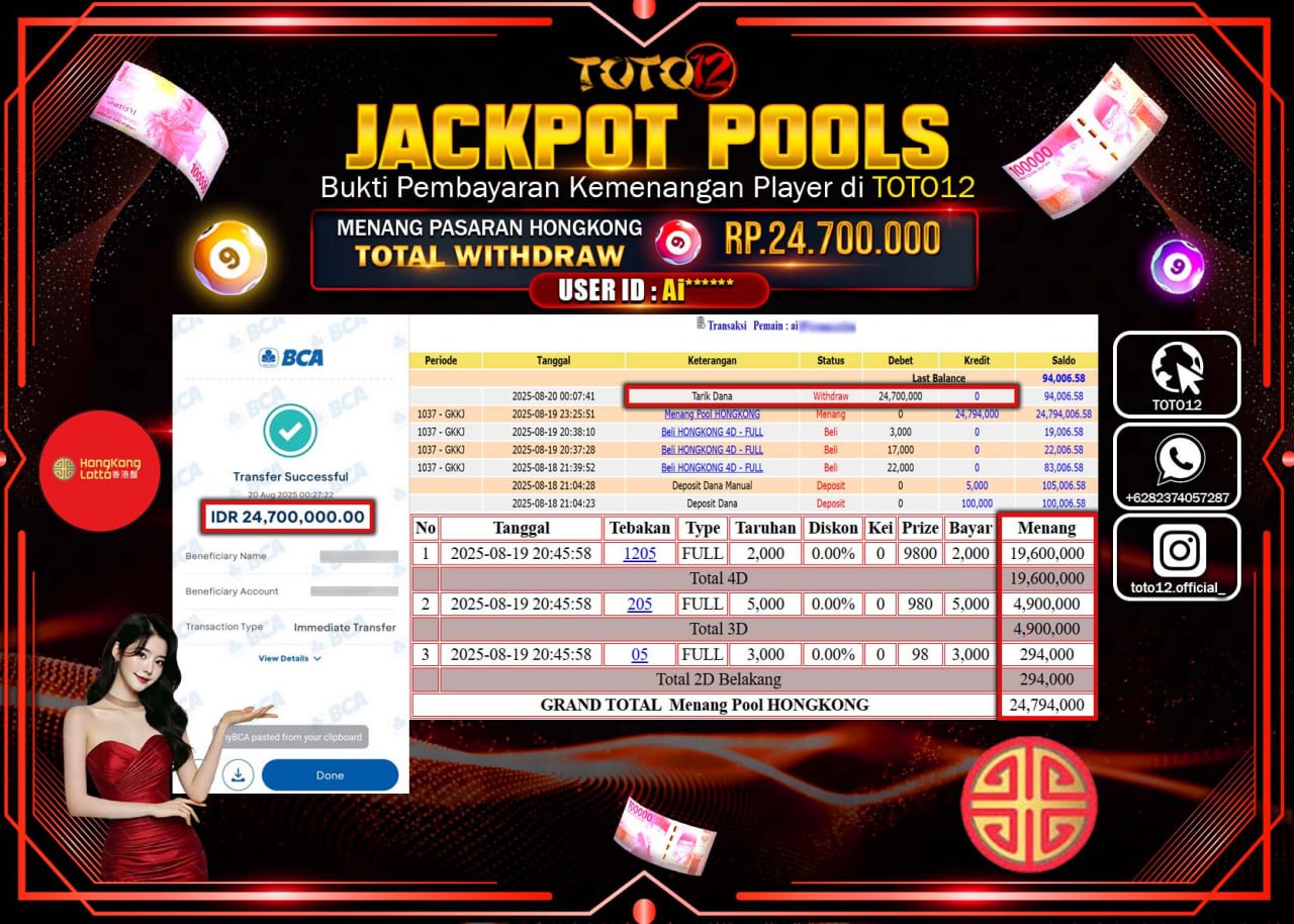 HANYA DI TOTO12 JP PASTI DI BAYAR LUNAS DAN CEPAT!!!!!! JACKPOT POOLS PASARAN (HONGKONG) Rp.24.700.000 !!!!