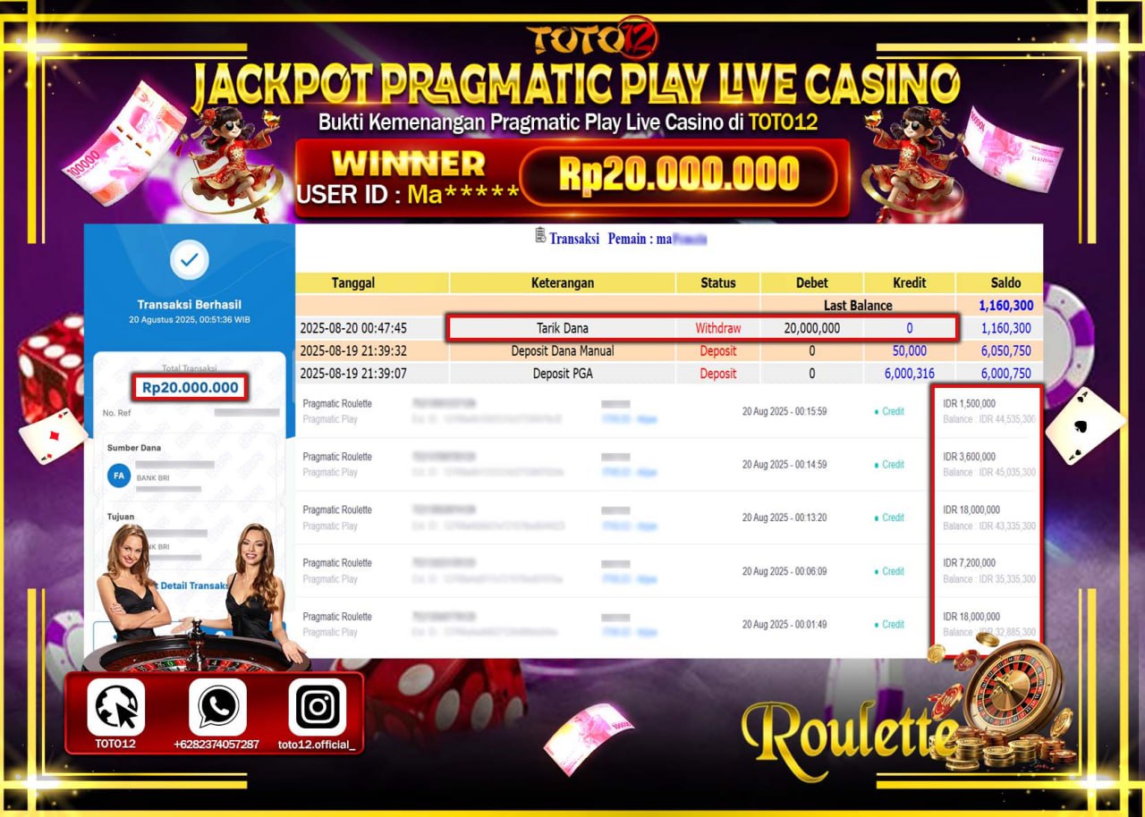 HANYA DI TOTO12 JP PASTI DI BAYAR LUNAS DAN CEPAT!!!!!! JACKPOT PRAGMATIC PLAY LIVE CASINO (ROULETTE) Rp.20.000.000 !!!!