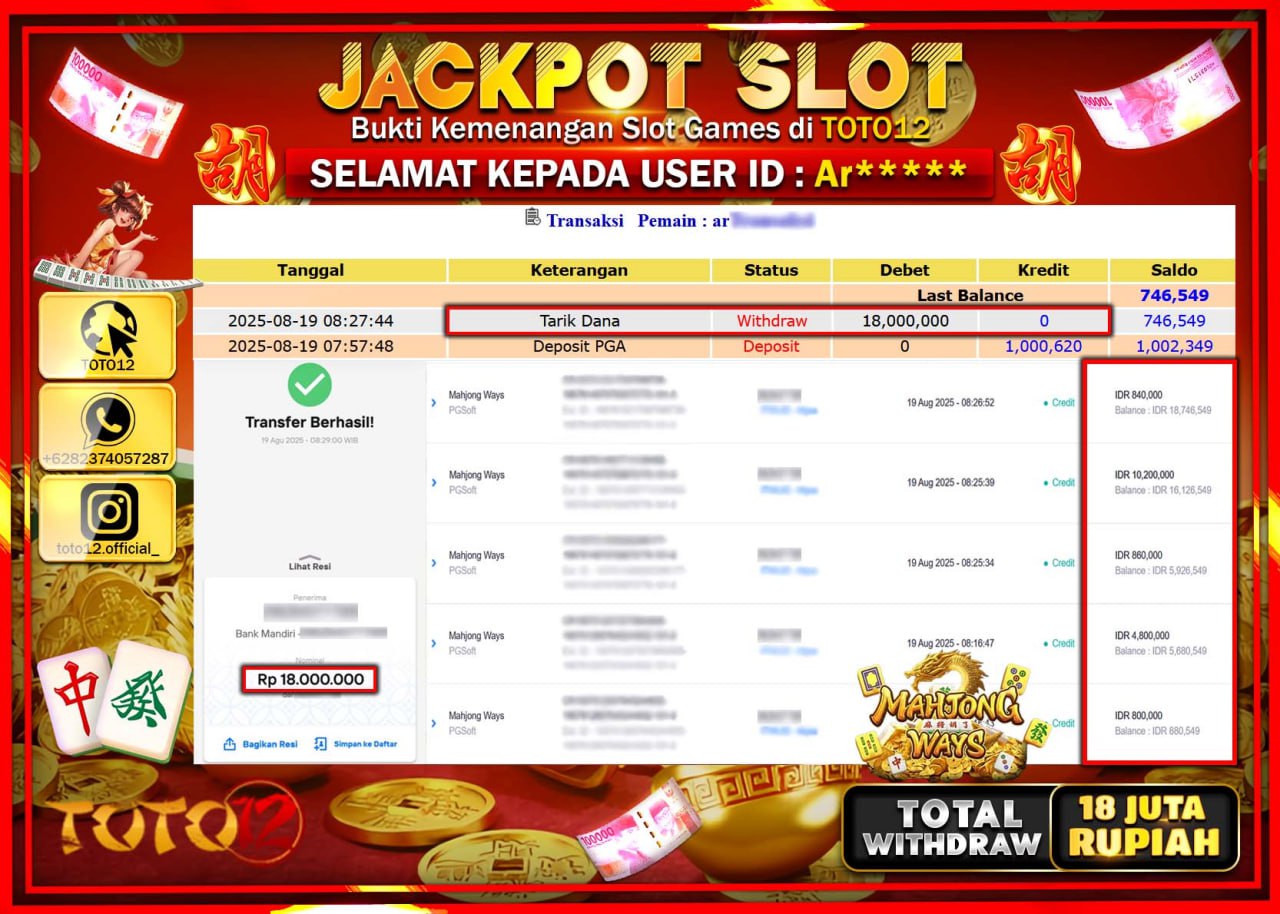 HANYA DI TOTO12 JP PASTI DI BAYAR LUNAS DAN CEPAT!!!!!! JACKPOT SLOT GAME (MAHJONG WAYS) Rp.18.000.000 !!!!