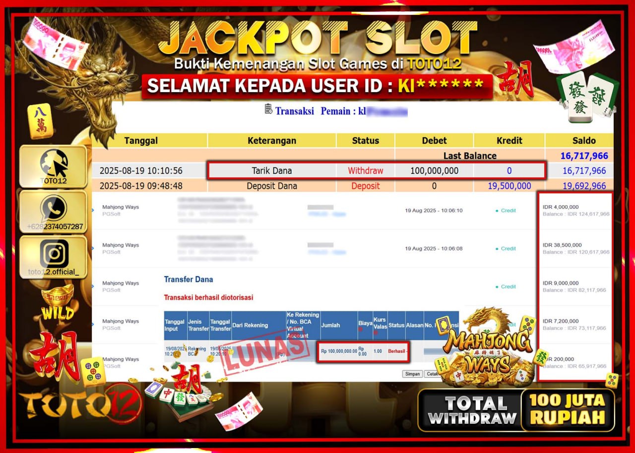 HANYA DI TOTO12 JP PASTI DI BAYAR LUNAS DAN CEPAT!!!!!! JACKPOT SLOT GAME (MAHJONG WAYS) Rp.100.000.000 !!!!