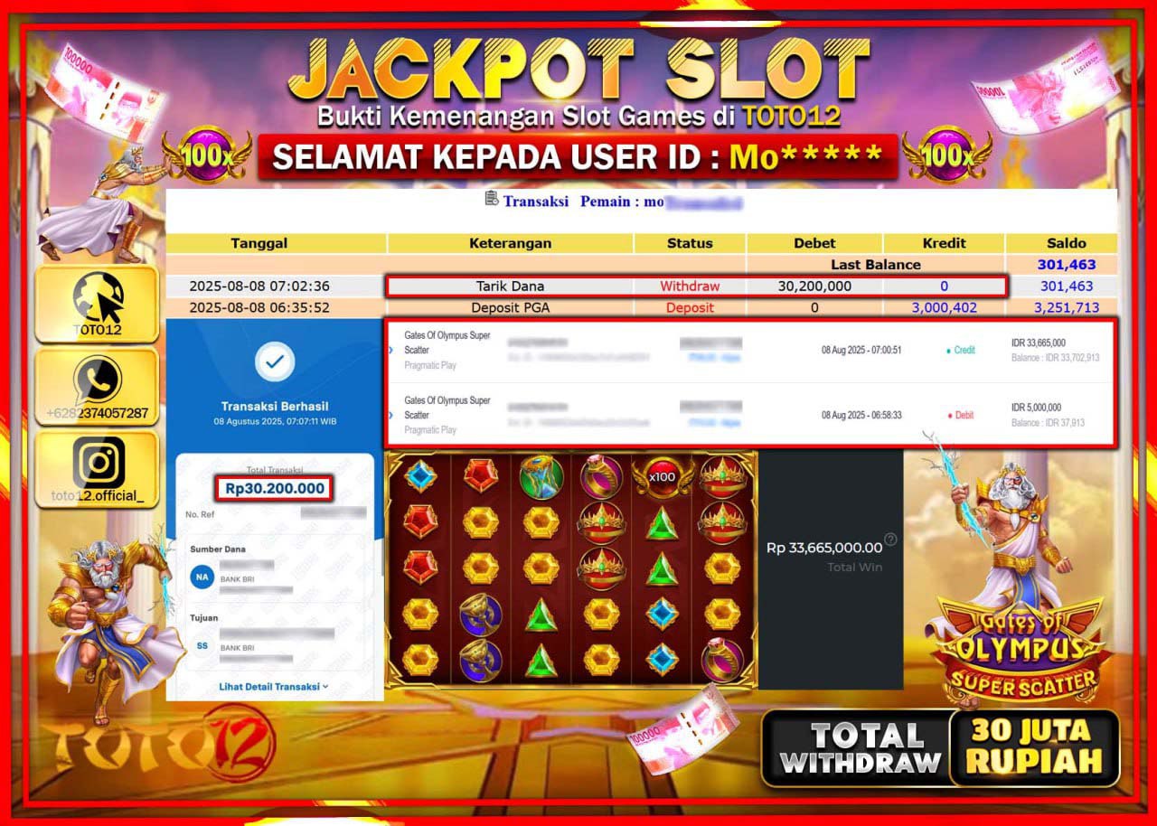 HANYA DI TOTO12 JP PASTI DI BAYAR LUNAS DAN CEPAT!!!!!! JACKPOT SLOT GAME (GATES OF OLYMPUS SUPER SCATTER) Rp.30.200.000 !!!!