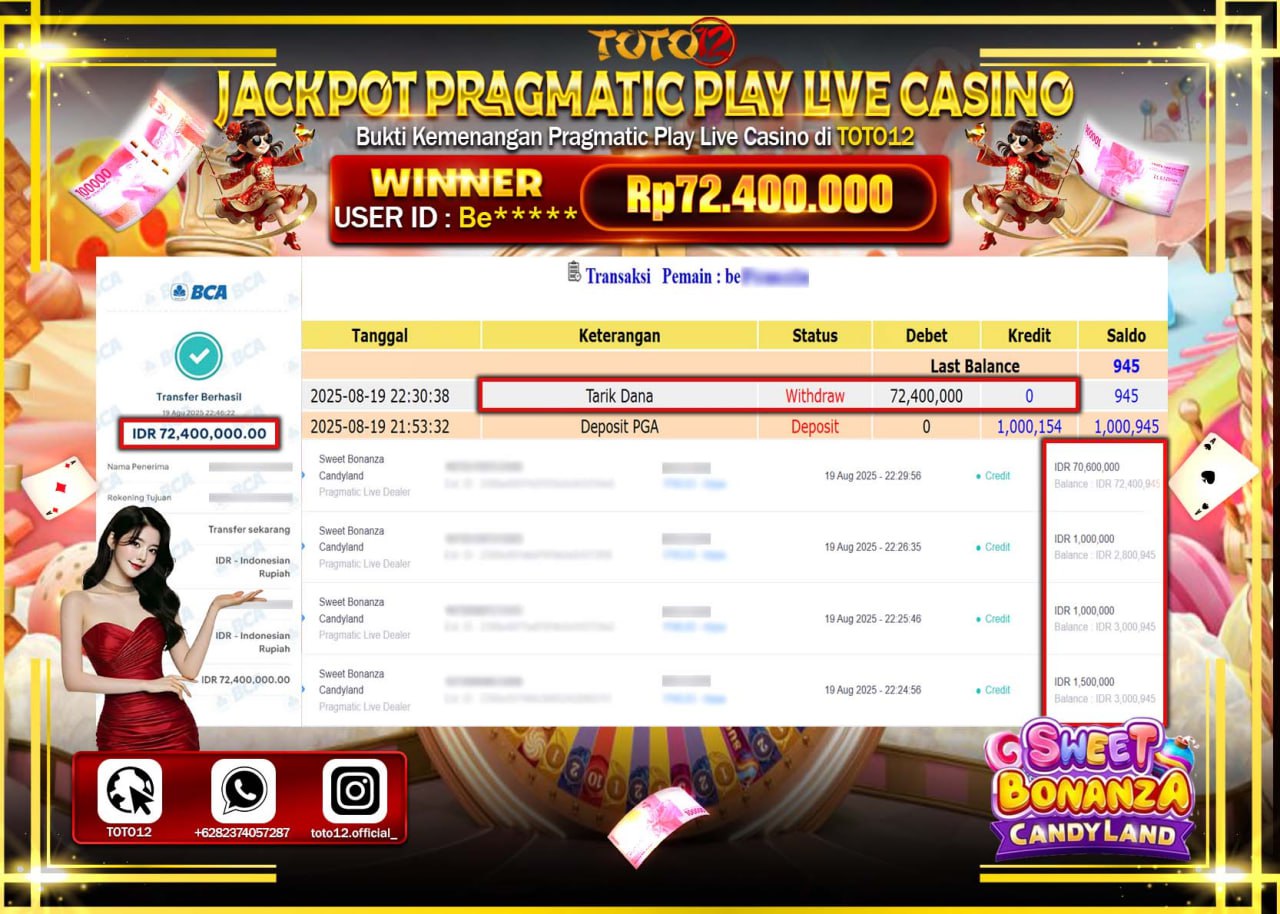 HANYA DI TOTO12 JP PASTI DI BAYAR LUNAS DAN CEPAT!!!!!! JACKPOT PRAGMATIC PLAY LIVE CASINO (SWEET BONANZA CANDY LAND) Rp.72.400.000 !!!!