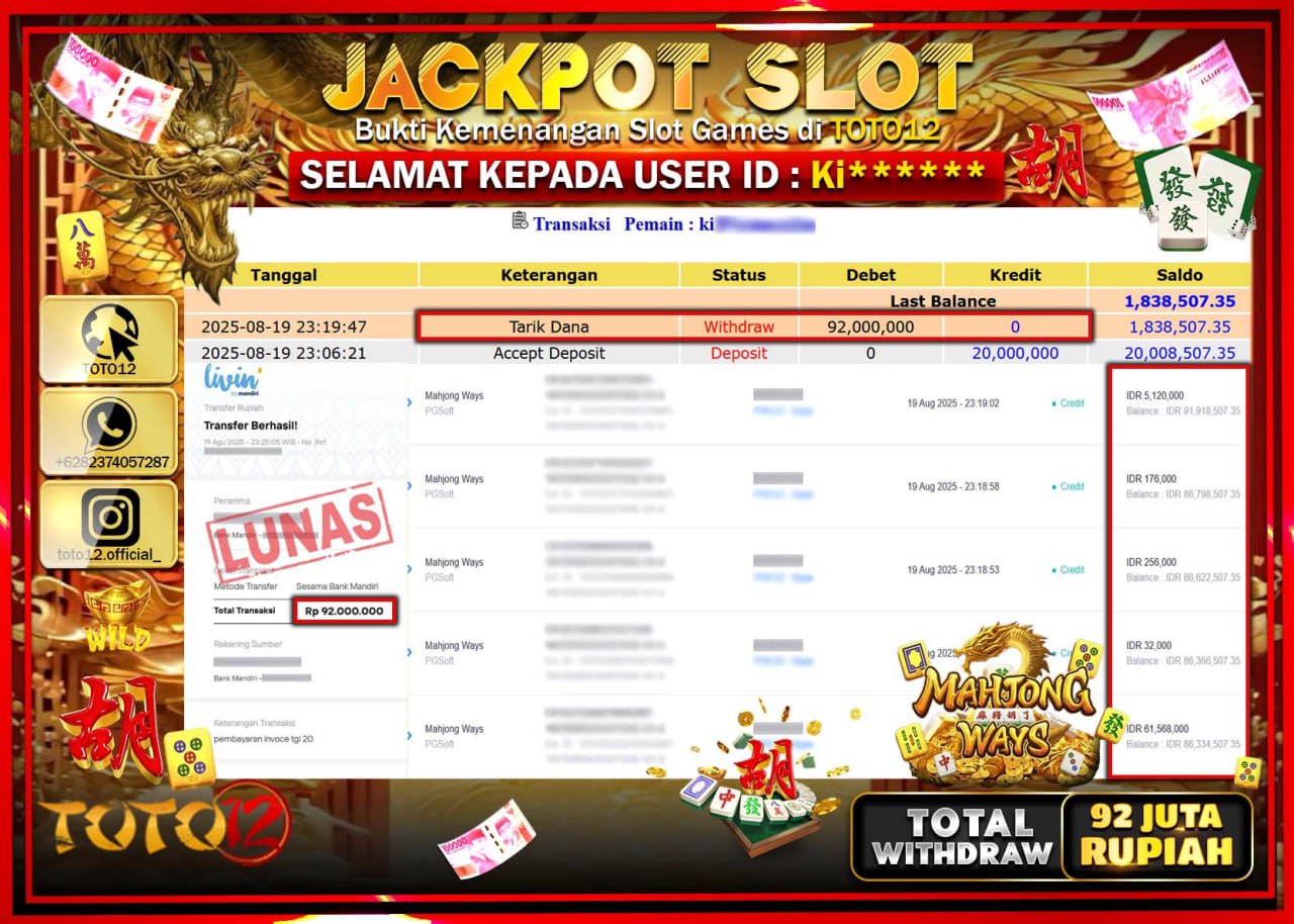 HANYA DI TOTO12 JP PASTI DI BAYAR LUNAS DAN CEPAT!!!!!! JACKPOT SLOT GAME (MAHJONG WAYS) Rp.92.000.000 !!!!