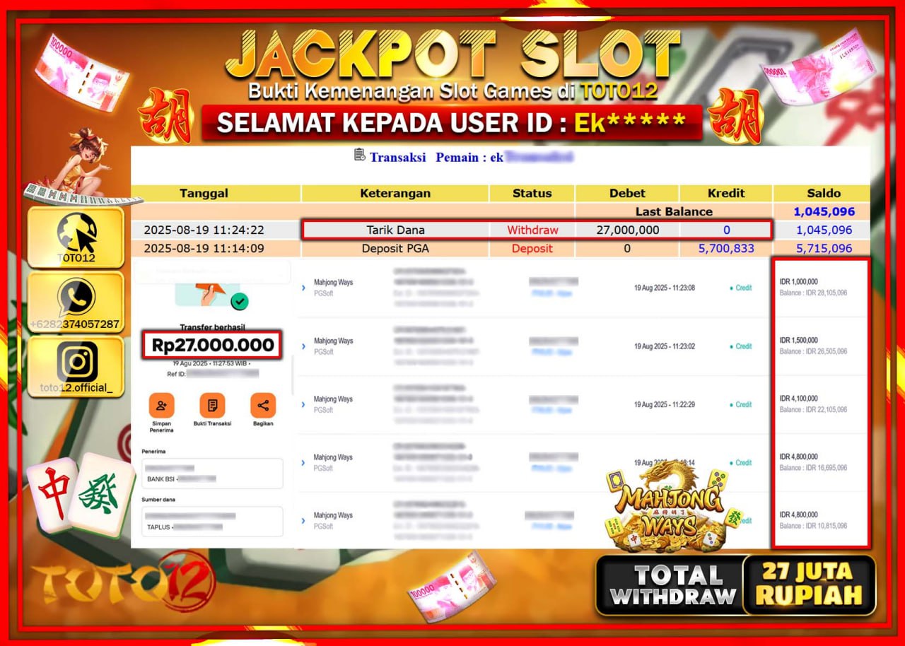 HANYA DI TOTO12 JP PASTI DI BAYAR LUNAS DAN CEPAT!!!!!! JACKPOT SLOT GAME (MAHJONG WAYS) Rp.27.000.000 !!!!