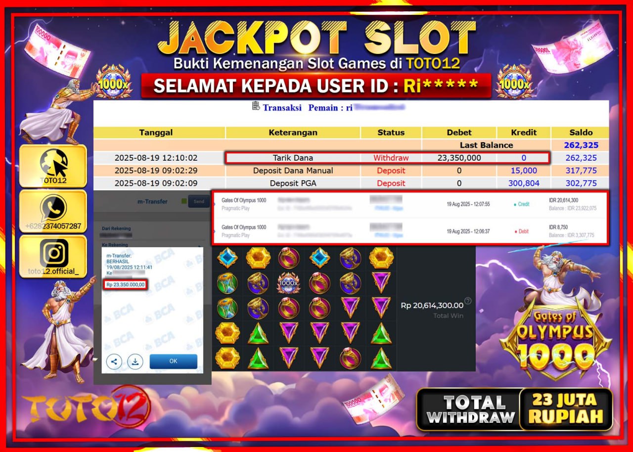 HANYA DI TOTO12 JP PASTI DI BAYAR LUNAS DAN CEPAT!!!!!! JACKPOT SLOT GAME (GATES OF OLYMPUS 1000) Rp.23.350.000 !!!!