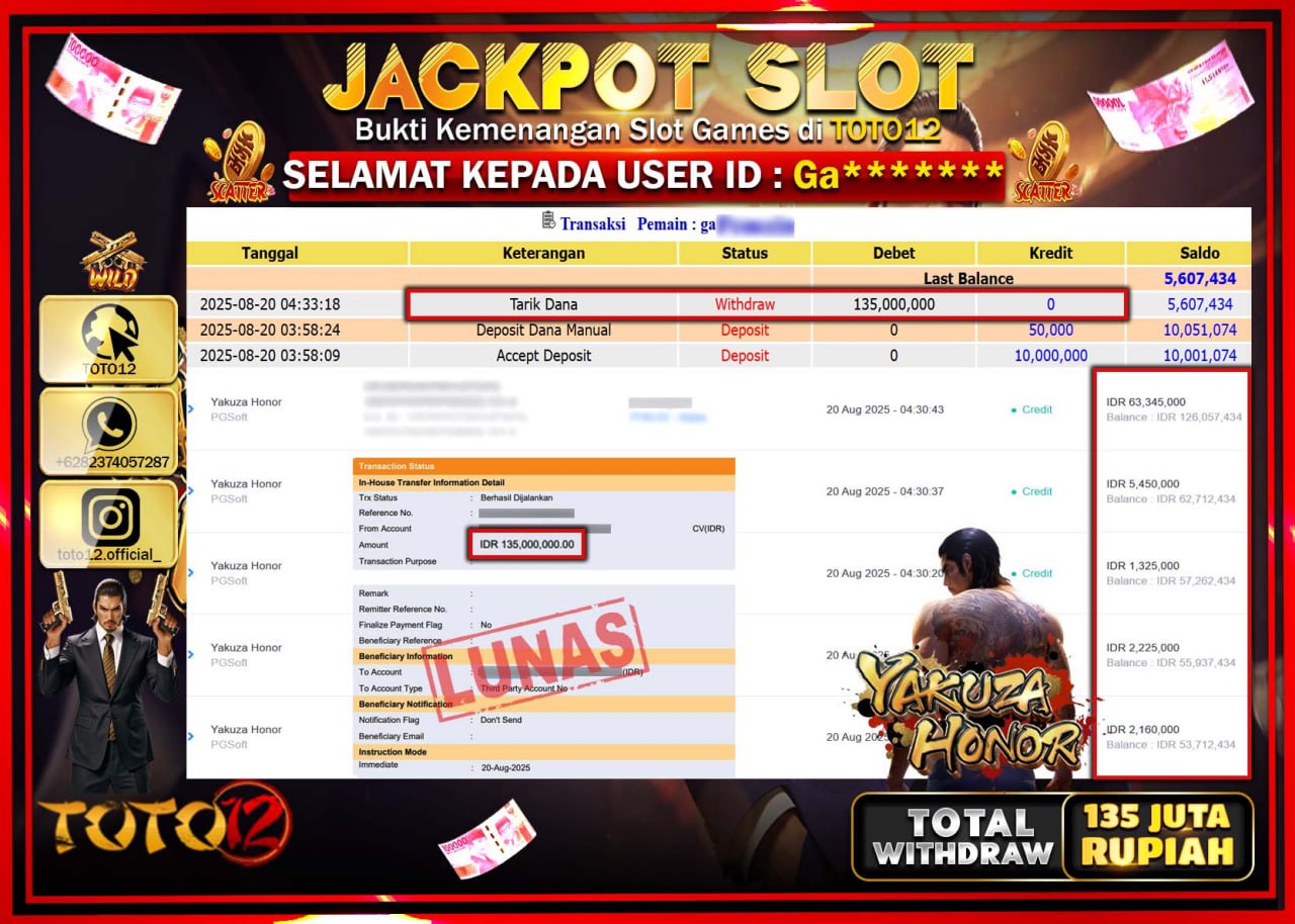 HANYA DI TOTO12 JP PASTI DI BAYAR LUNAS DAN CEPAT!!!!!! JACKPOT SLOT GAME (YAKUZA HONOR) Rp.135.000.000 !!!!