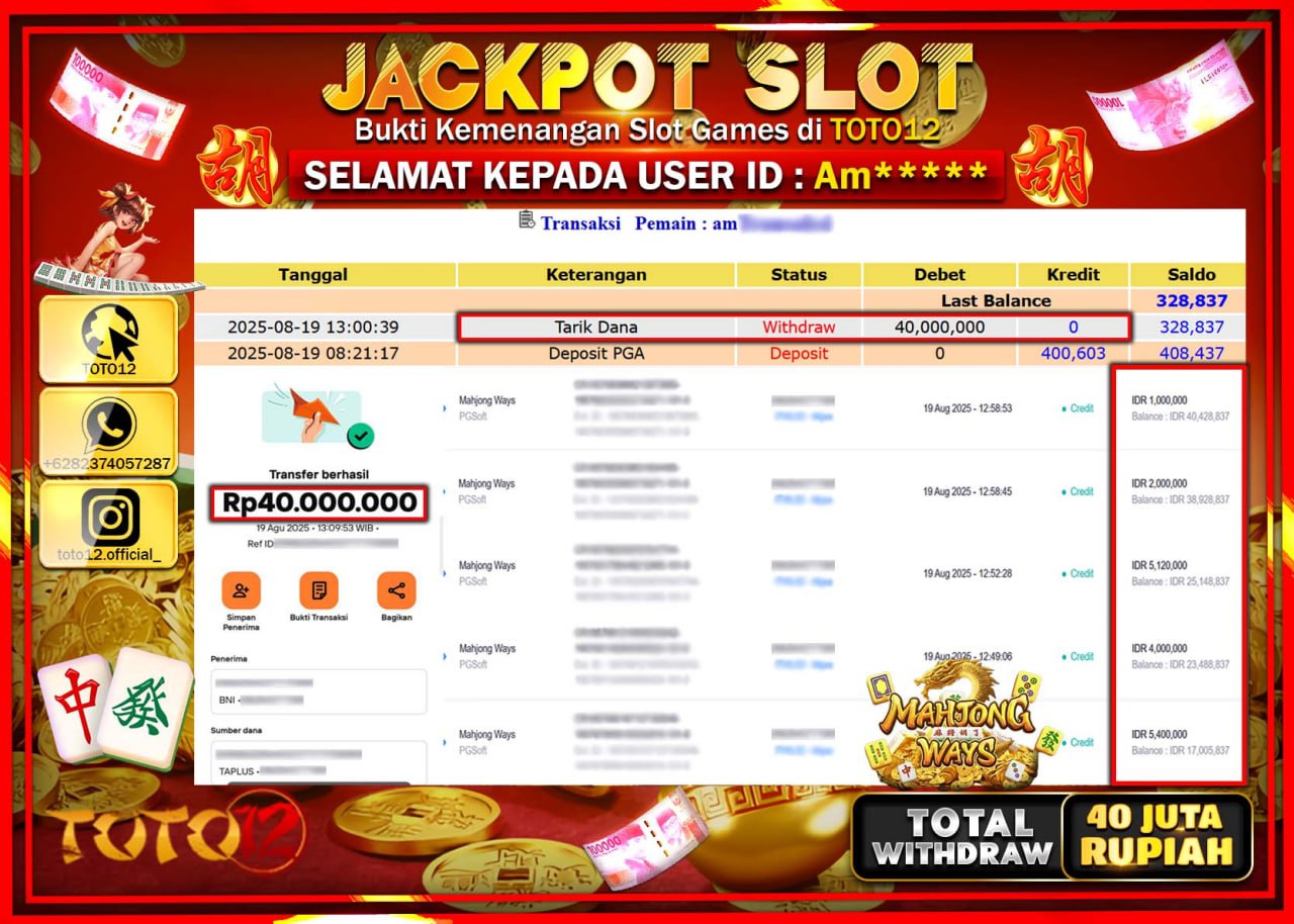 HANYA DI TOTO12 JP PASTI DI BAYAR LUNAS DAN CEPAT!!!!!! JACKPOT SLOT GAME (MAHJONG WAYS) Rp.40.000.000 !!!!
